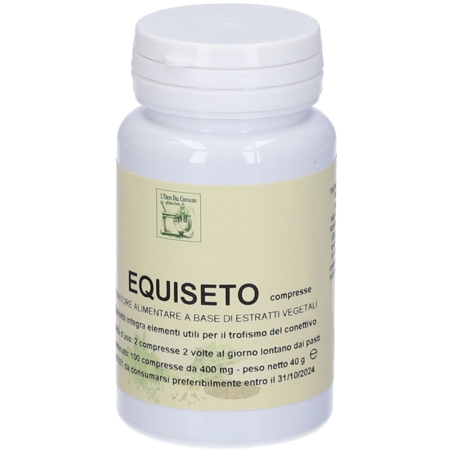 Flacone bianco di compresse con etichetta. Nome del prodotto EQUISETO.