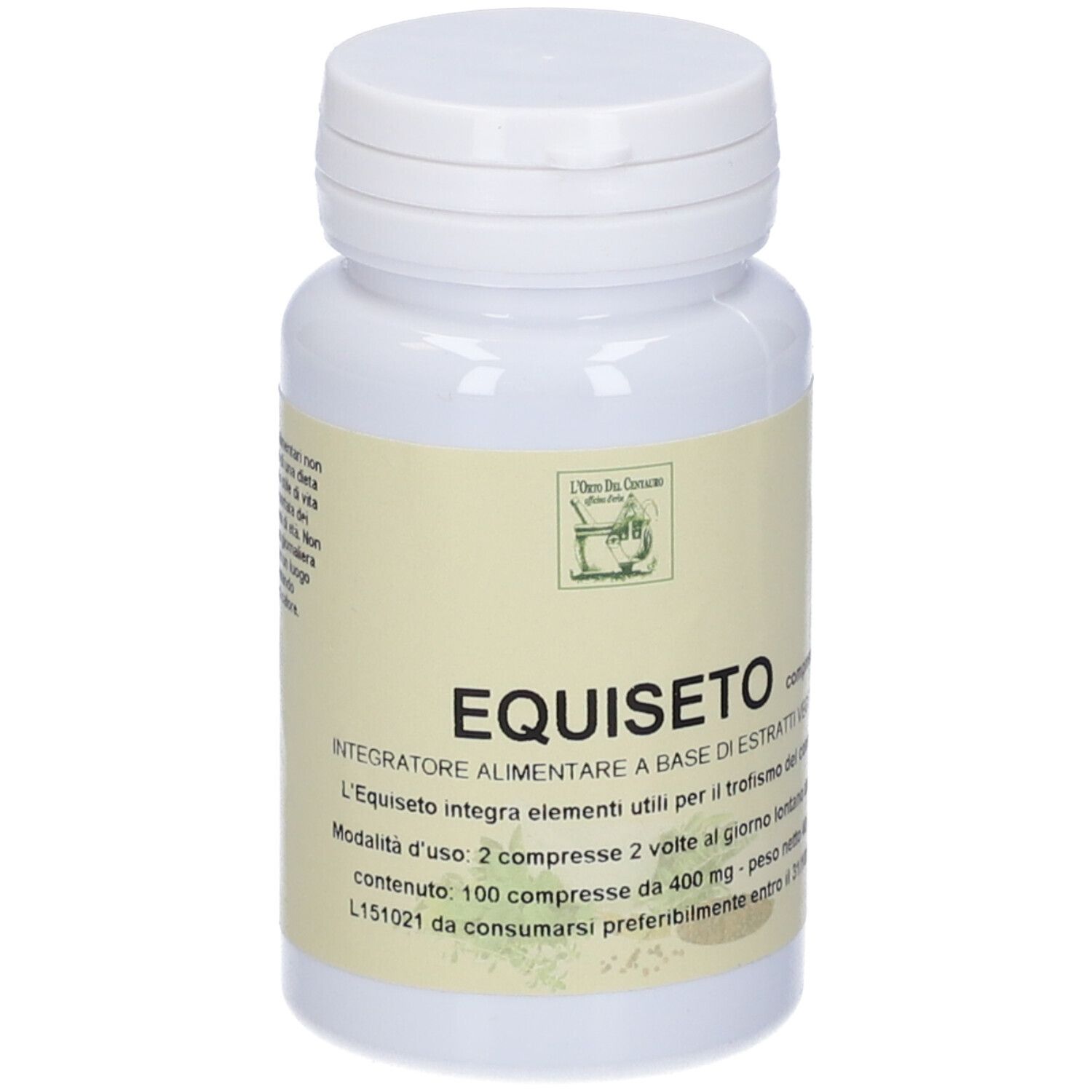 Flacone bianco di compresse con etichetta. Nome del prodotto EQUISETO.