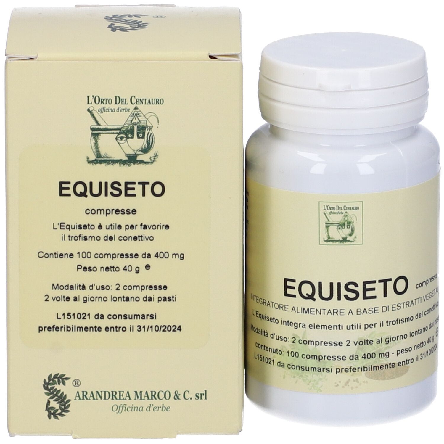Flacone di compresse e scatola. Nome prodotto EQUISETO. Etichetta con informazioni.