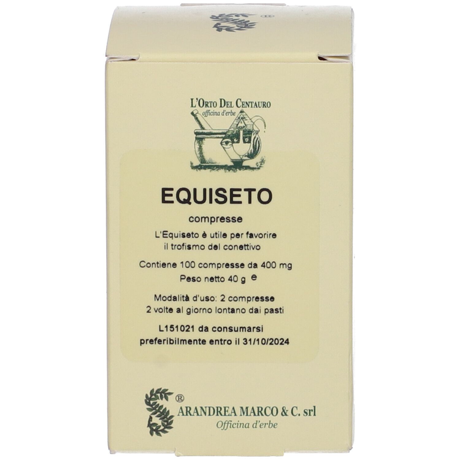 Scatola con nome prodotto EQUISETO. Etichetta con informazioni.