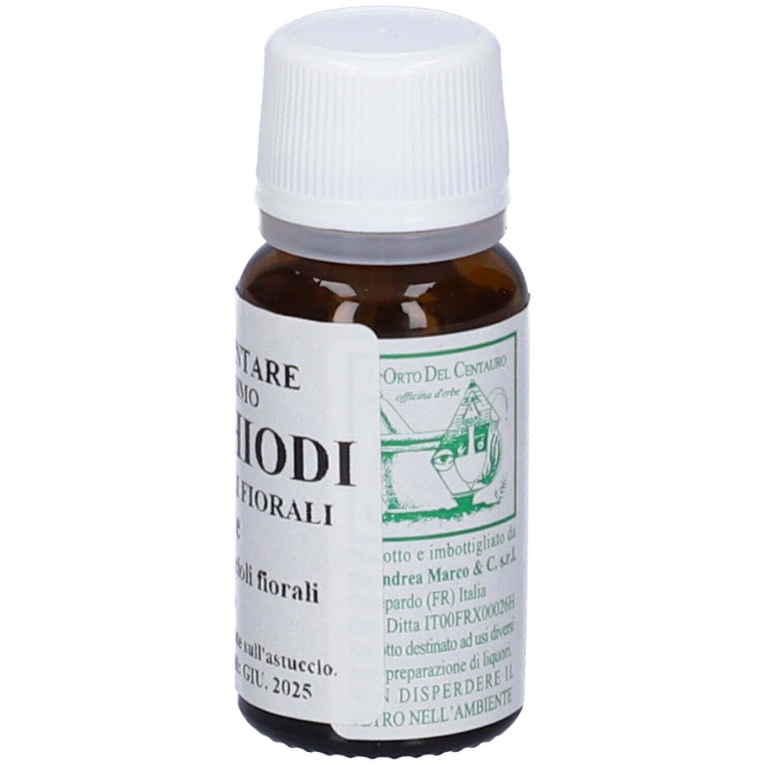 Flacone di vetro marrone con tappo bianco. L'etichetta riporta "CHIODI FIORALI" e "Orto del Centauro".