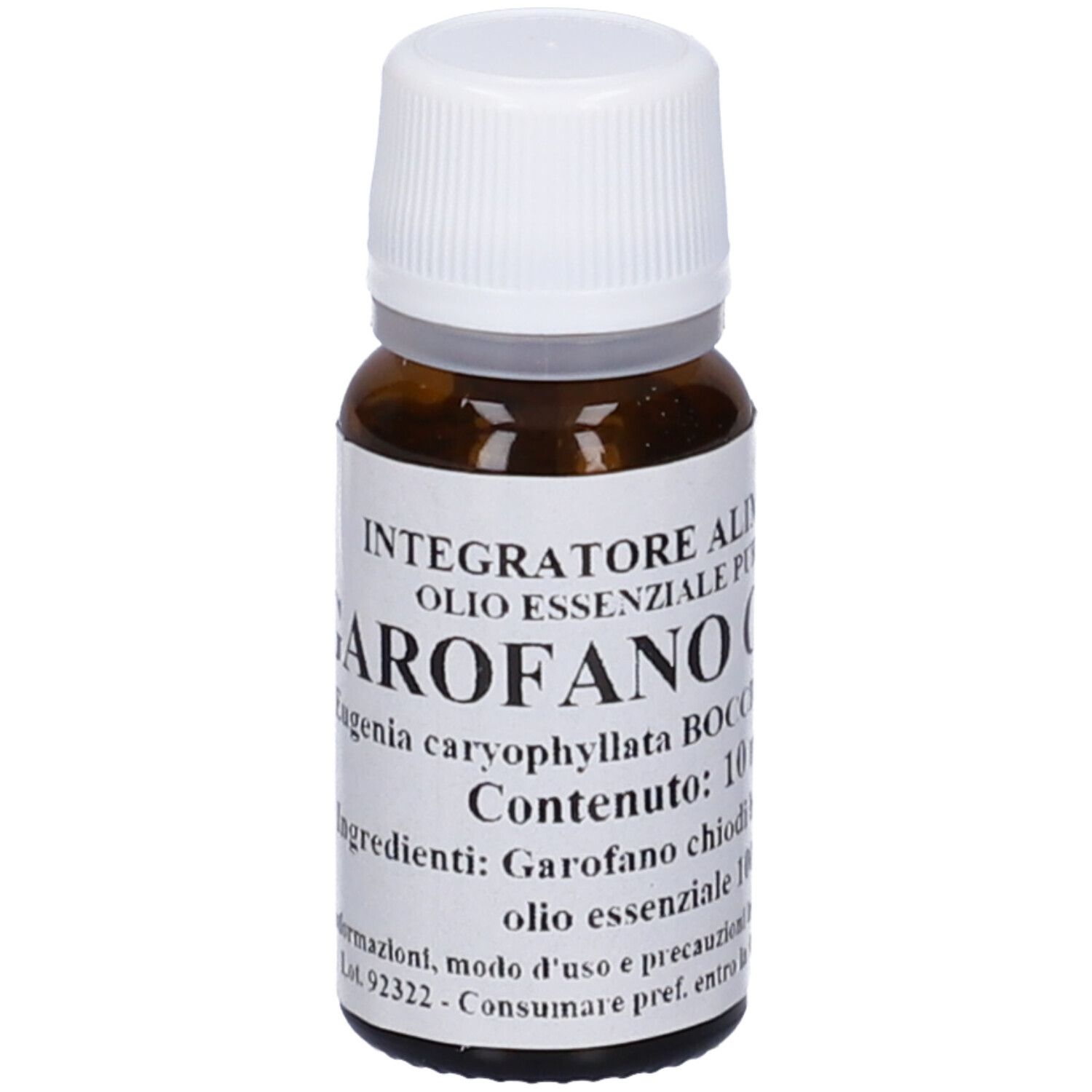 Flacone di vetro marrone con tappo bianco. L'etichetta riporta "GAROFANO" e "Contenuto: 10 ml".