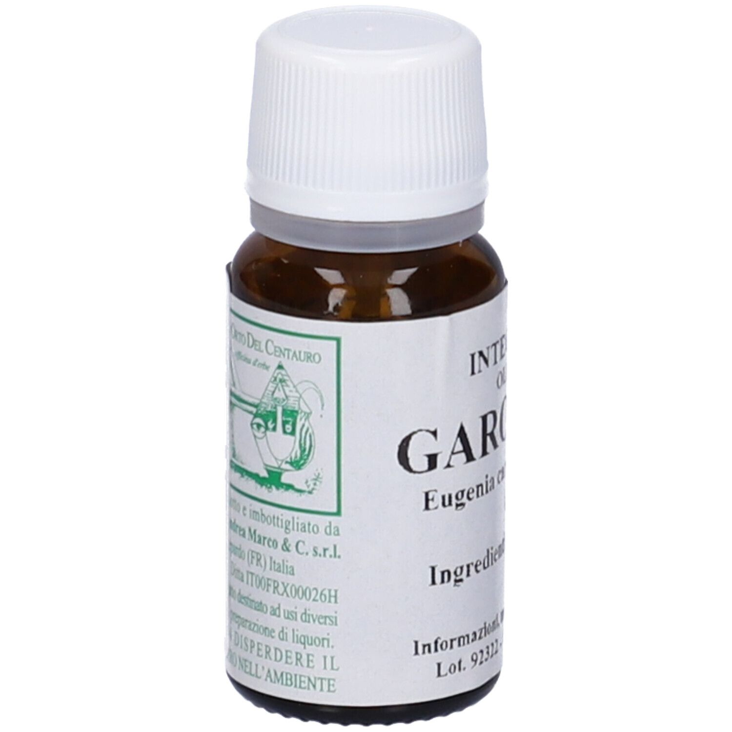 Flacone di vetro marrone con tappo bianco. L'etichetta riporta "GAROFANO" e "Orto del Centauro".