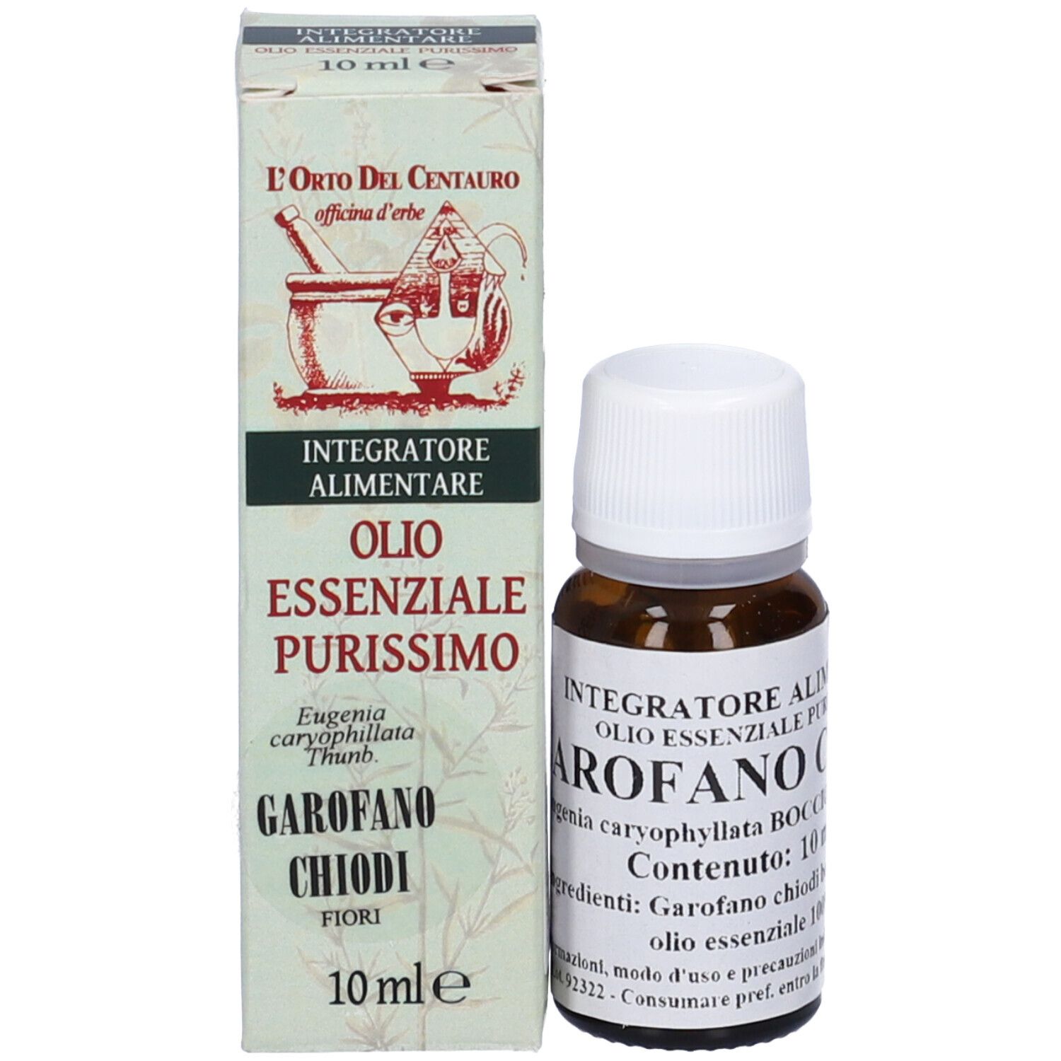 Flacone di vetro marrone con tappo bianco e una scatola. Sulla scatola si legge "GAROFANO CHIODI" e "10 ml".