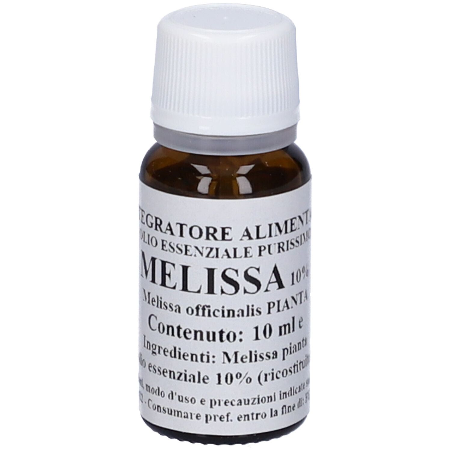 Flacone di vetro marrone con tappo bianco ed etichetta. L'etichetta riporta 'MELISSA'.