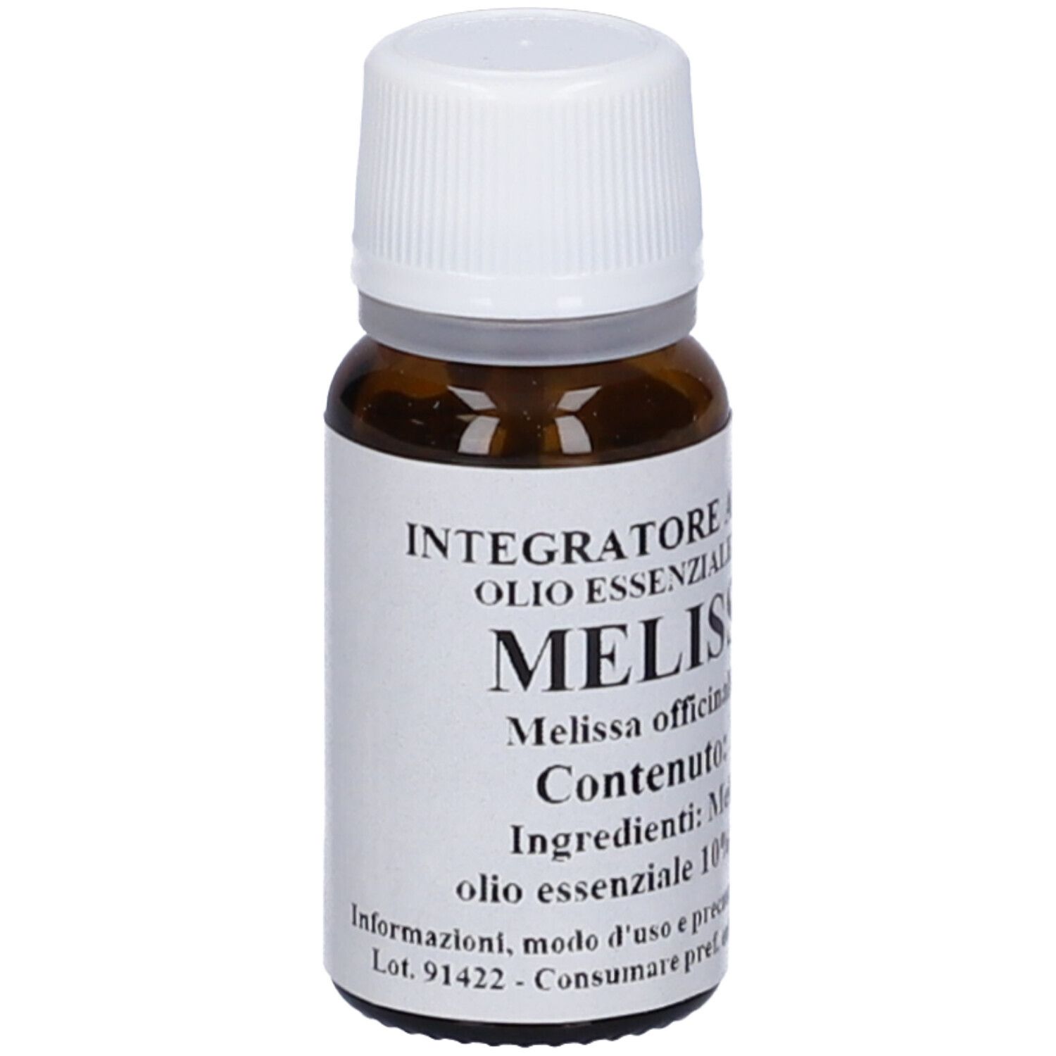 Flacone di vetro marrone con tappo bianco ed etichetta. L'etichetta riporta 'MELISSA'.