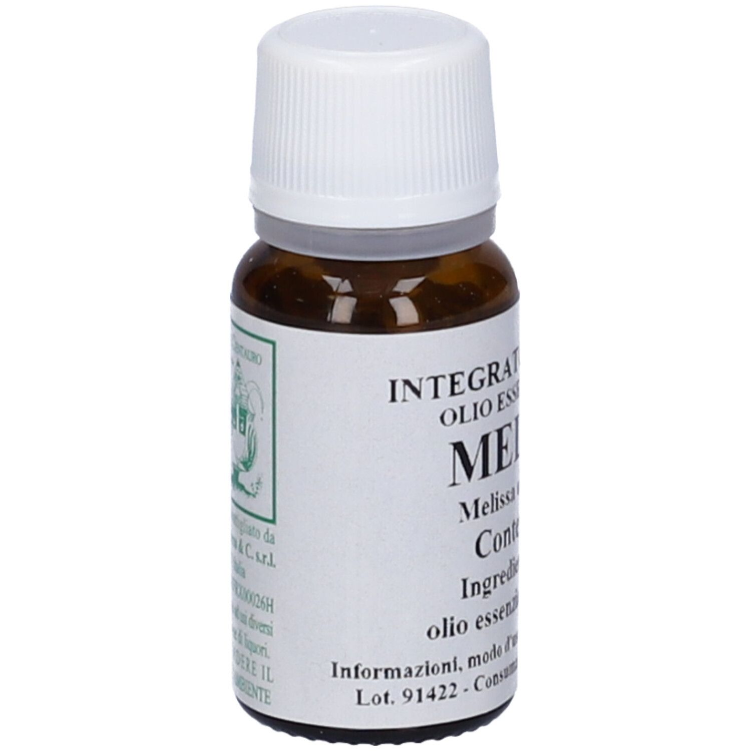 Flacone di vetro marrone con tappo bianco ed etichetta. L'etichetta riporta 'MELISSA'.