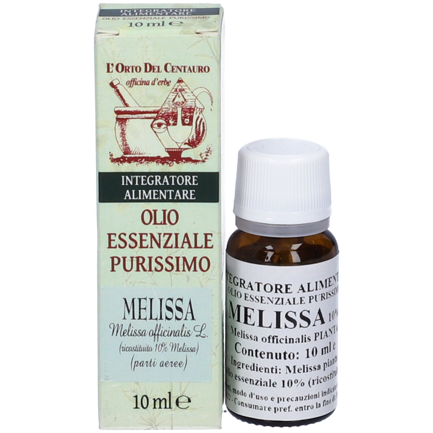 Flacone di vetro marrone con tappo bianco ed etichetta, accanto a una scatola. L'etichetta riporta 'MELISSA'.