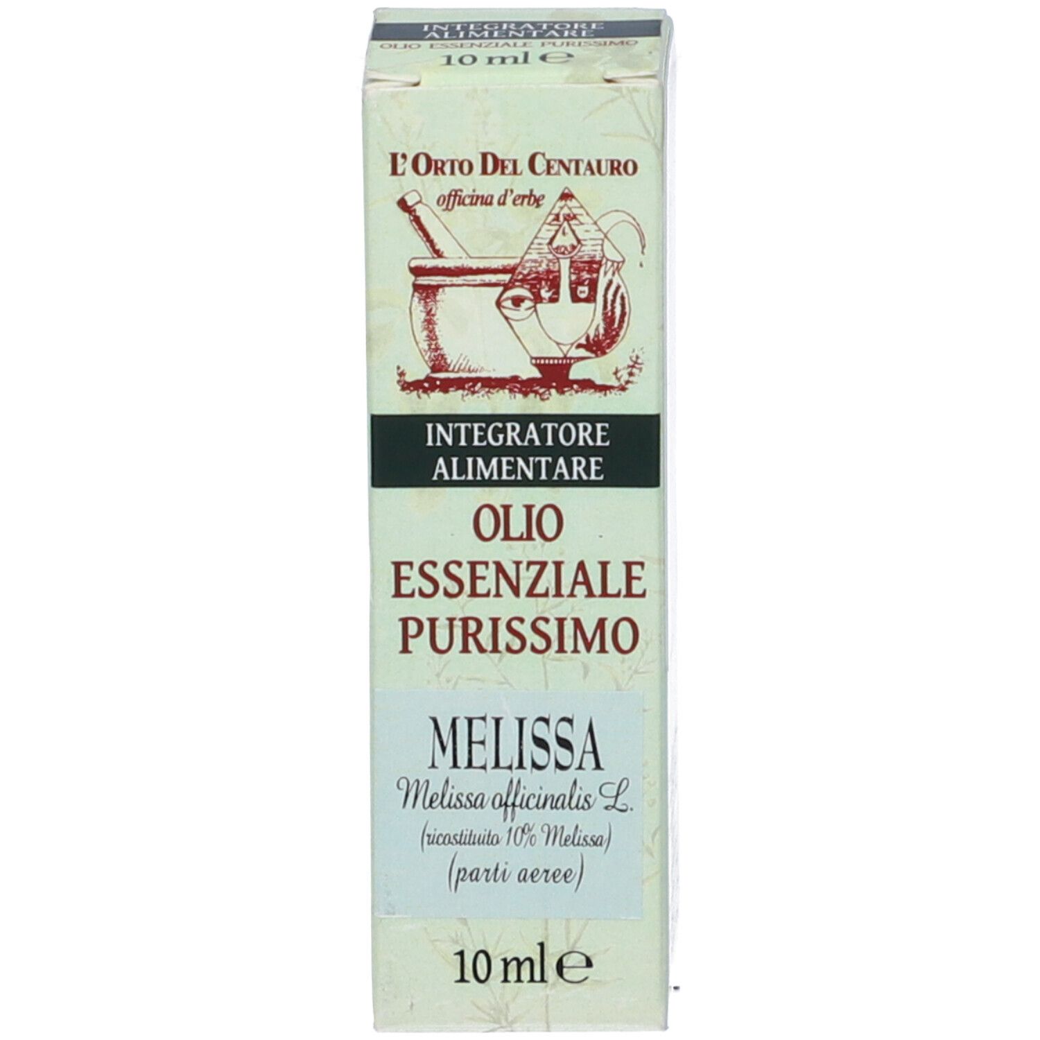 Scatola con testo e flacone di vetro marrone con tappo bianco. L'etichetta riporta 'MELISSA'.