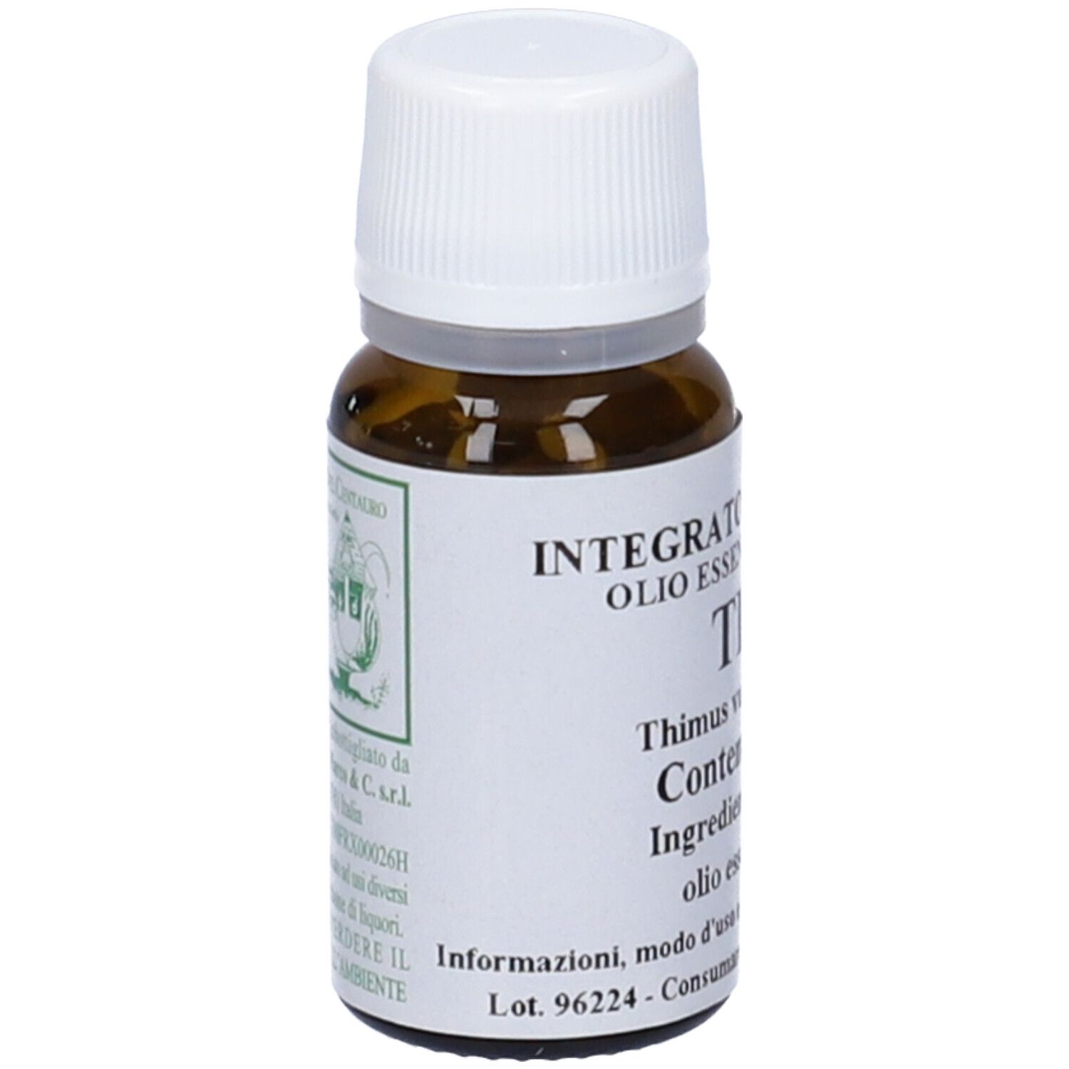 Flacone di vetro marrone con tappo bianco. Etichetta con testo: 'TIMO', '10 ml', 'olio essenziale'.