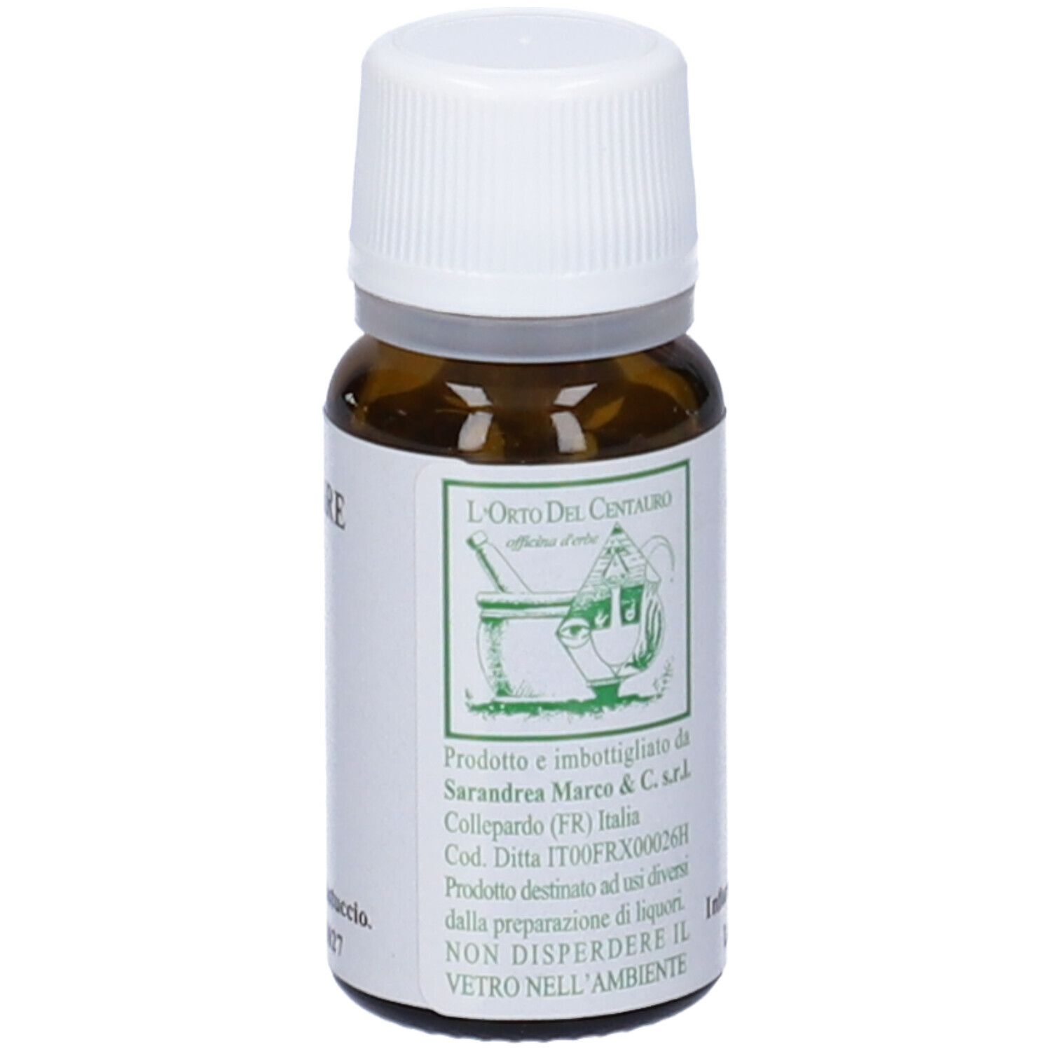 Flacone di vetro marrone con tappo bianco. Etichetta con testo: 'TIMO', '10 ml', 'olio essenziale'.