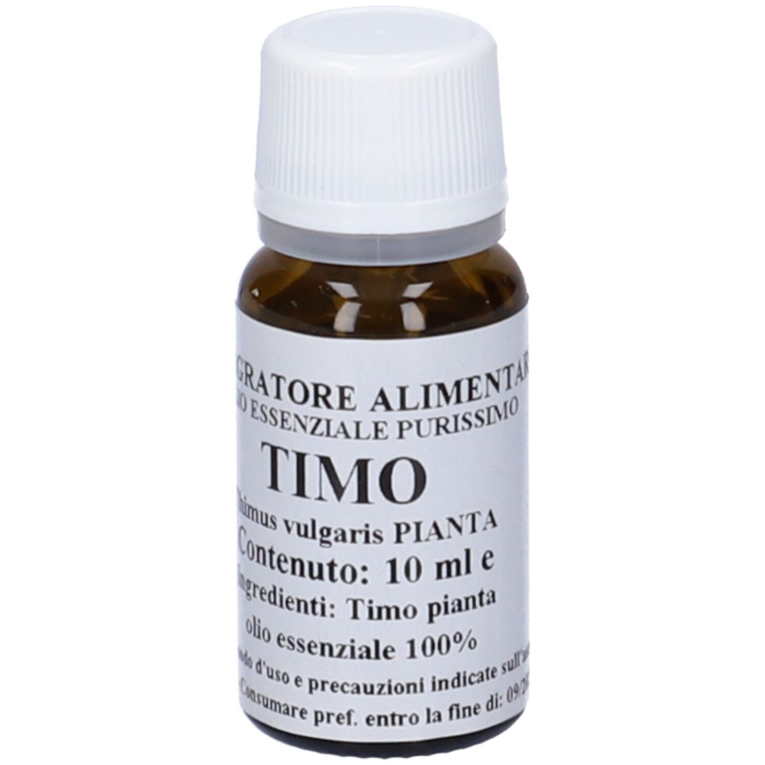 Flacone di vetro marrone con tappo bianco. Etichetta con testo: 'TIMO', '10 ml', 'olio essenziale'.