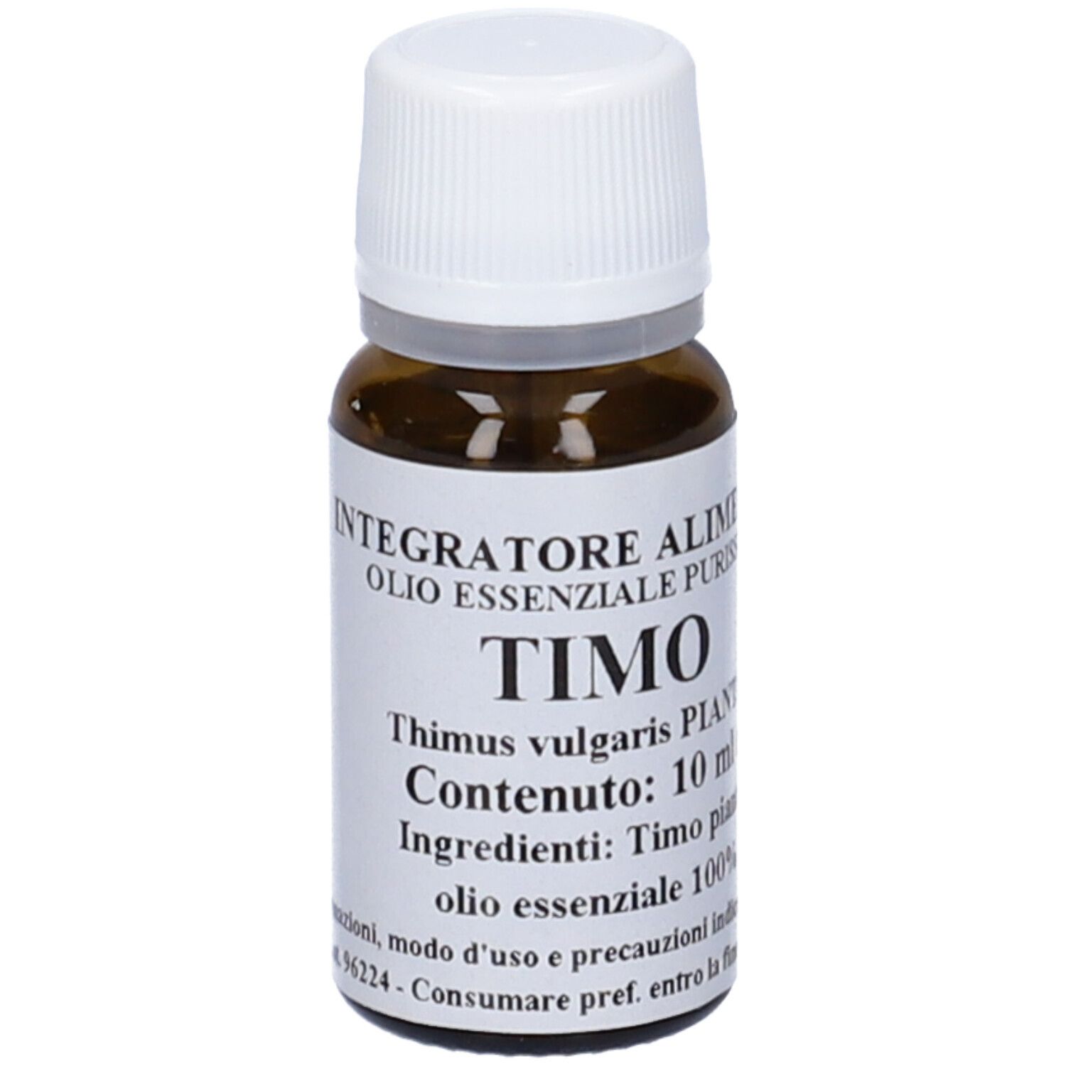 Flacone di vetro marrone con tappo bianco. Etichetta con testo: 'TIMO', '10 ml', 'olio essenziale'.