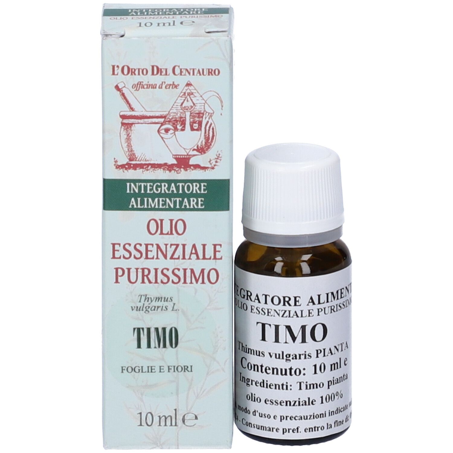 Flacone di vetro marrone con tappo bianco e scatola. Sulla scatola c'è scritto 'TIMO', '10 ml', 'olio essenziale'.