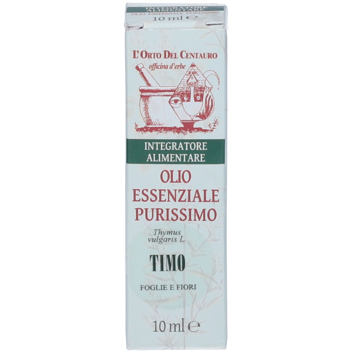 Scatola con testo: 'TIMO', '10 ml', 'olio essenziale'. Logo: disegno di erbe.