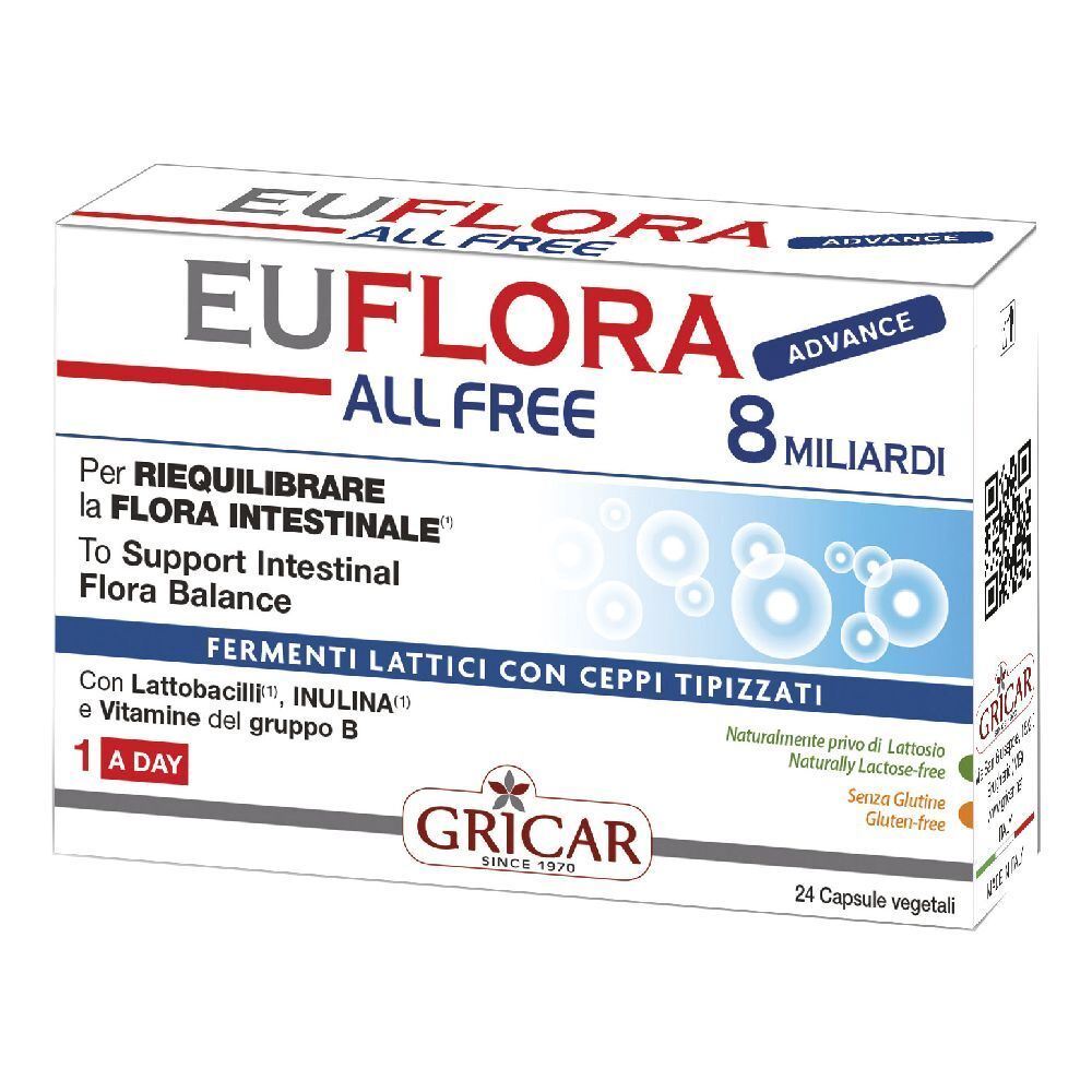 Scatola bianca con scritta EUFLORA ALL FREE ADVANCE. Contiene 24 capsule. Testo in italiano.