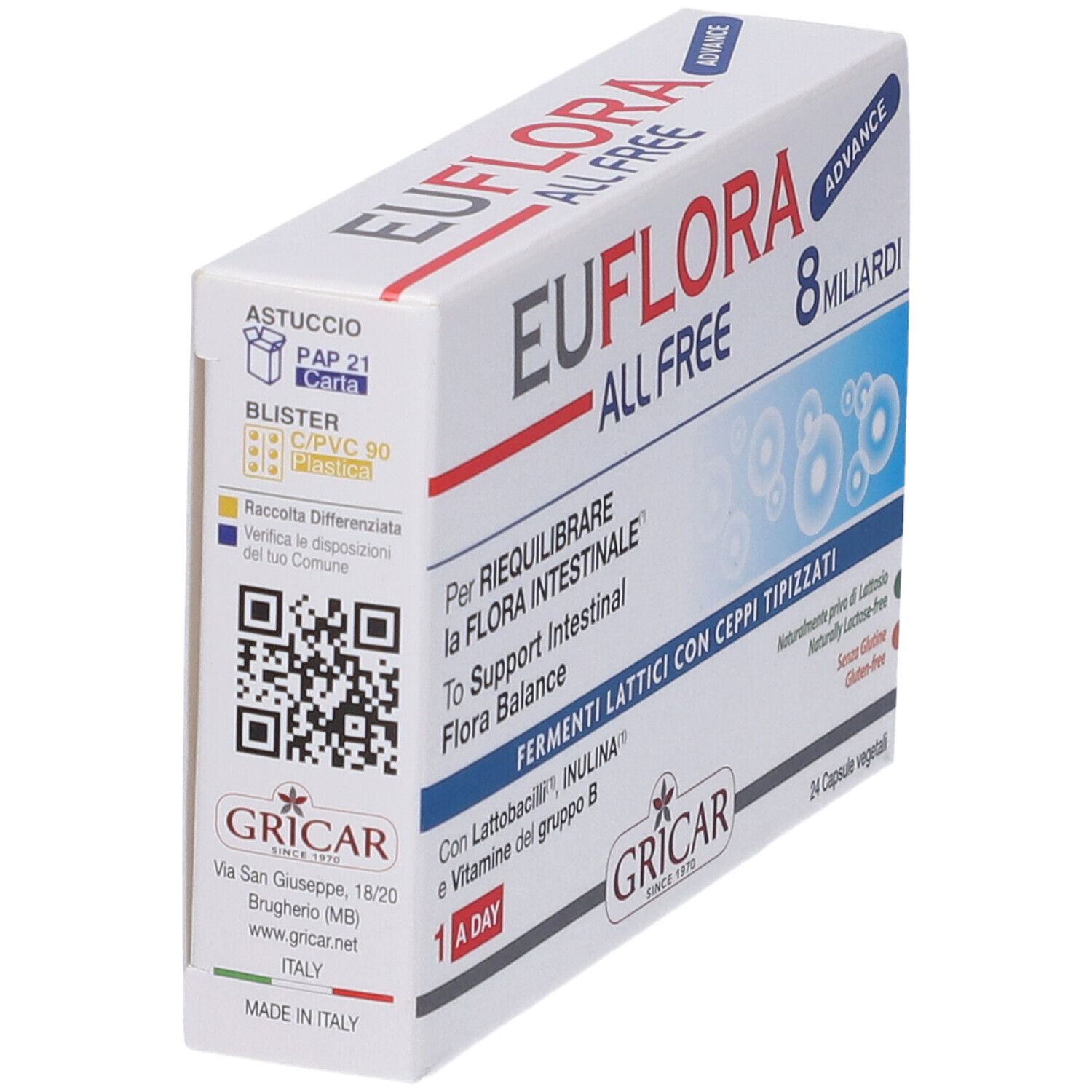 Scatola bianca EUFLORA ALL FREE ADVANCE. 24 capsule. Testo in italiano. Vista laterale.