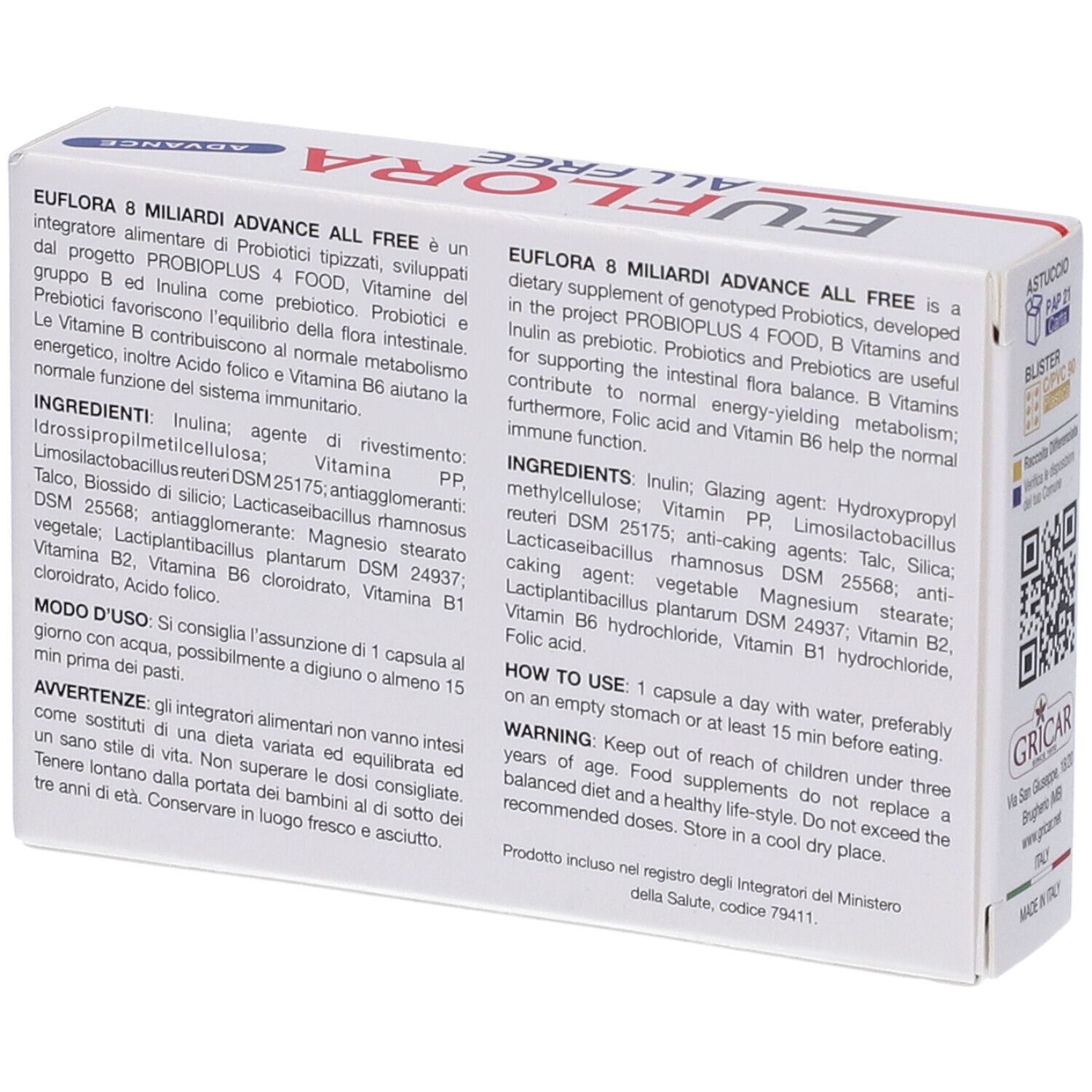 Retro della scatola bianca EUFLORA ALL FREE ADVANCE. Testo in italiano. Ingredienti e uso.