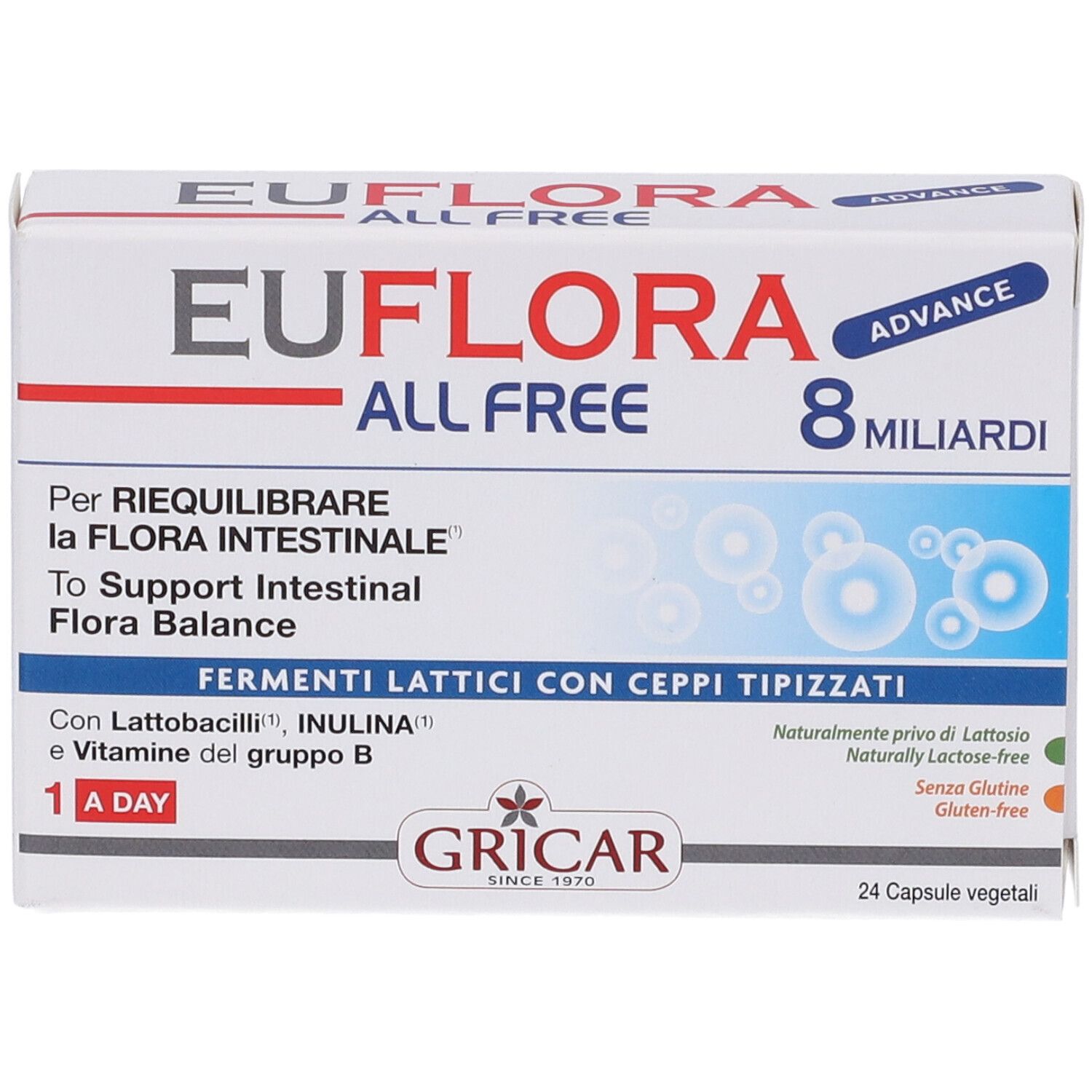 Scatola bianca EUFLORA ALL FREE ADVANCE. 24 capsule. Testo in italiano. Vista frontale.