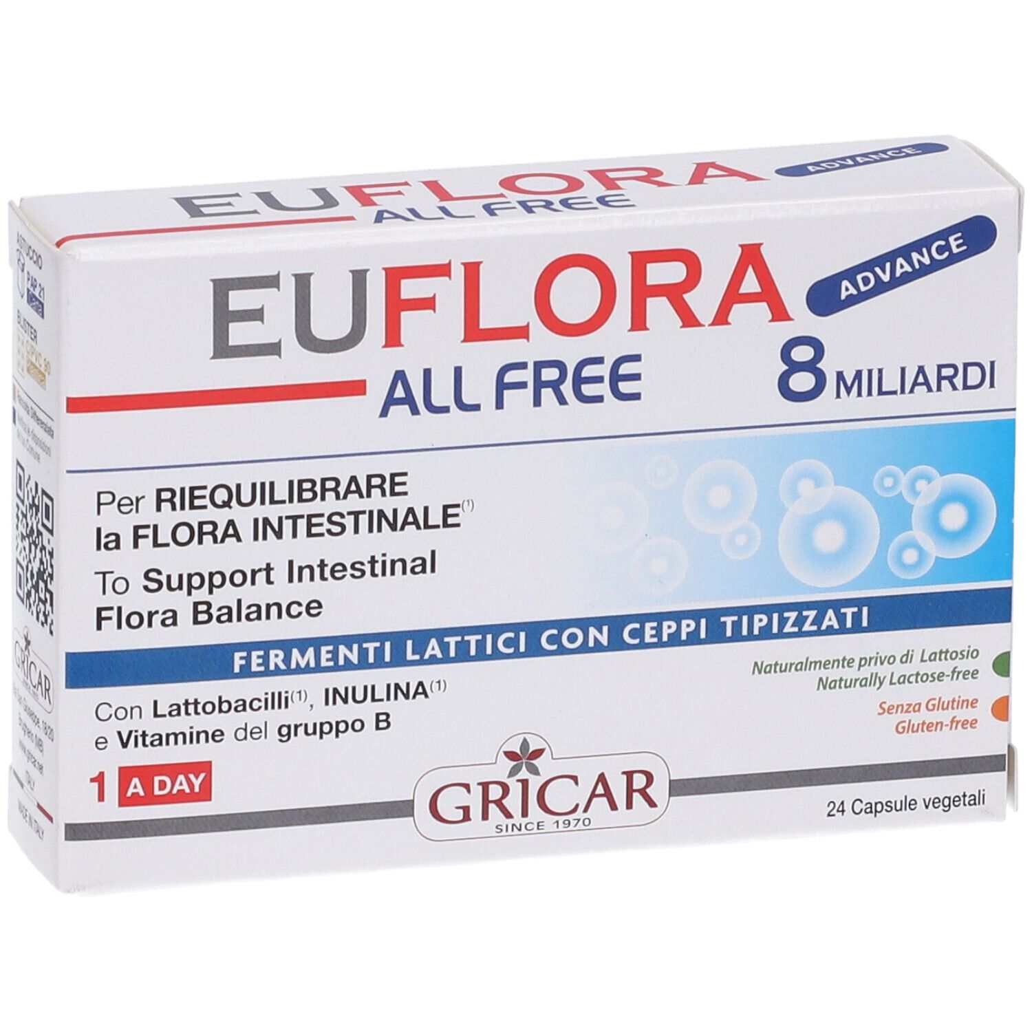 Scatola bianca EUFLORA ALL FREE ADVANCE. 24 capsule. Testo in italiano. Vista frontale.