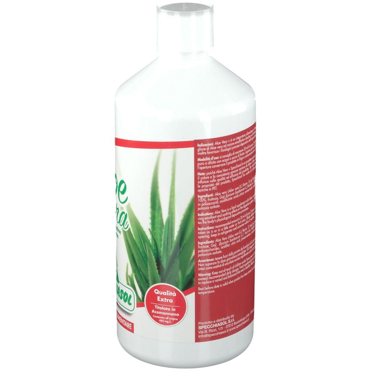 Bottiglia bianca con etichetta rossa. Scritta: Aloe vera. Marchio: SPECCHIASOL. Grafica foglia di aloe. Testo in italiano.