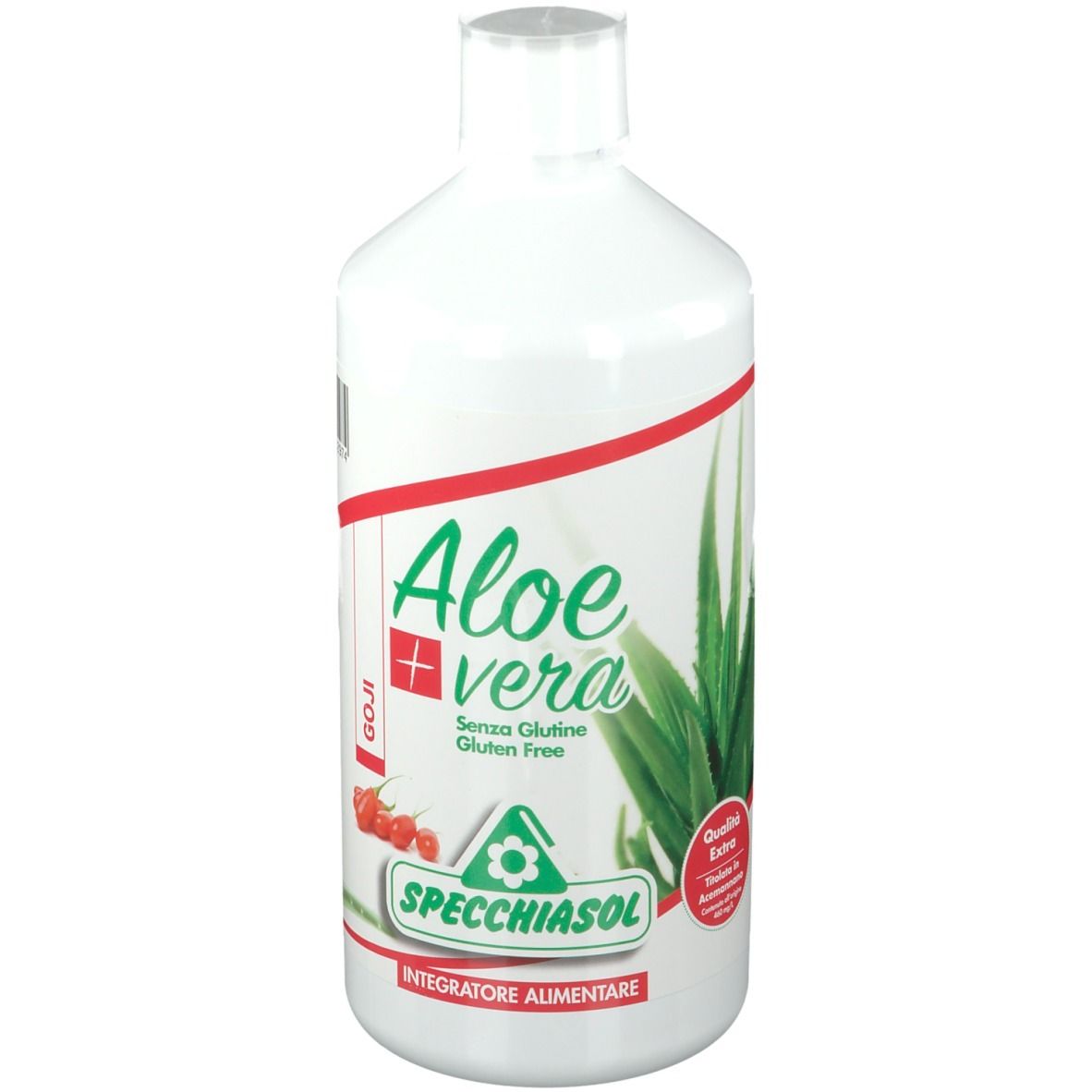 Bottiglia bianca con grafica rossa e verde. Scritta: Aloe vera + Goji, senza glutine. Marchio: SPECCHIASOL. Bacche rosse e foglia di aloe.