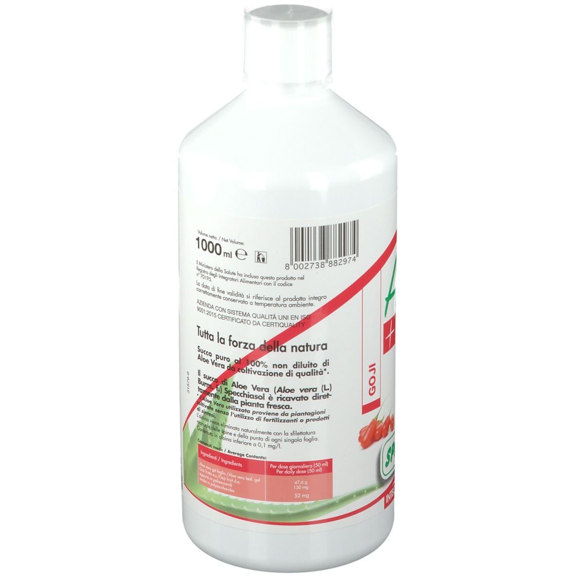 Bottiglia bianca con grafica rossa e verde. Scritta: 1000 ml. Testo in italiano. Marchio: SPECCHIASOL. Aloe vera + Goji.