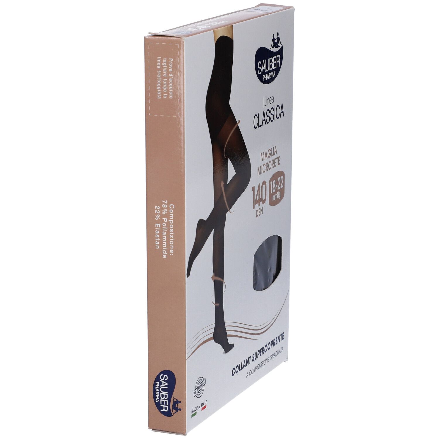 Confezione di collant nero. Marchio Sauber Pharma, Linea Classica, Maglia Microrete, 140 DEN, 18-22 mmHg. Super coprente.