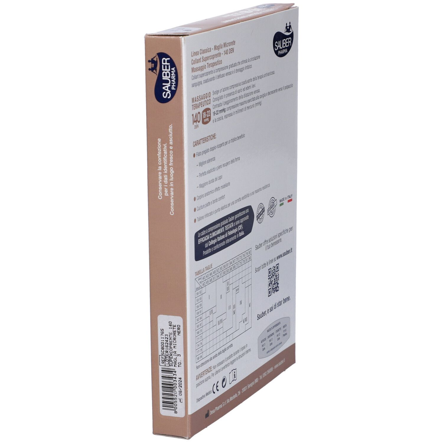 Vista laterale della confezione con informazioni. Marchio Sauber Pharma, Linea Classica, Maglia Microrete, 140 DEN, 18-22 mmHg. Dispositivo medico.