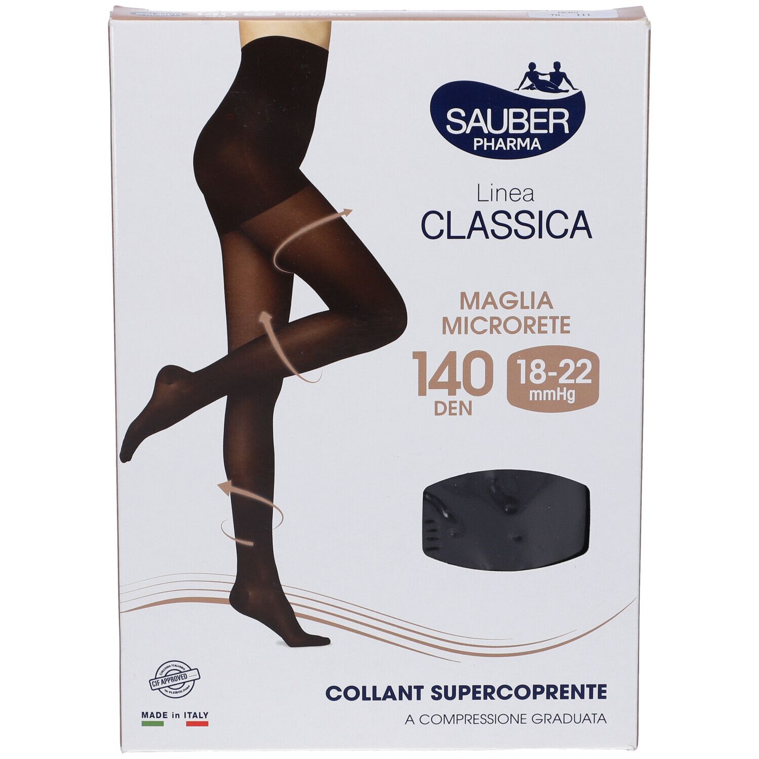 Collant nero in confezione. Marchio Sauber Pharma, Linea Classica, Maglia Microrete, 140 DEN, 18-22 mmHg. Super coprente.