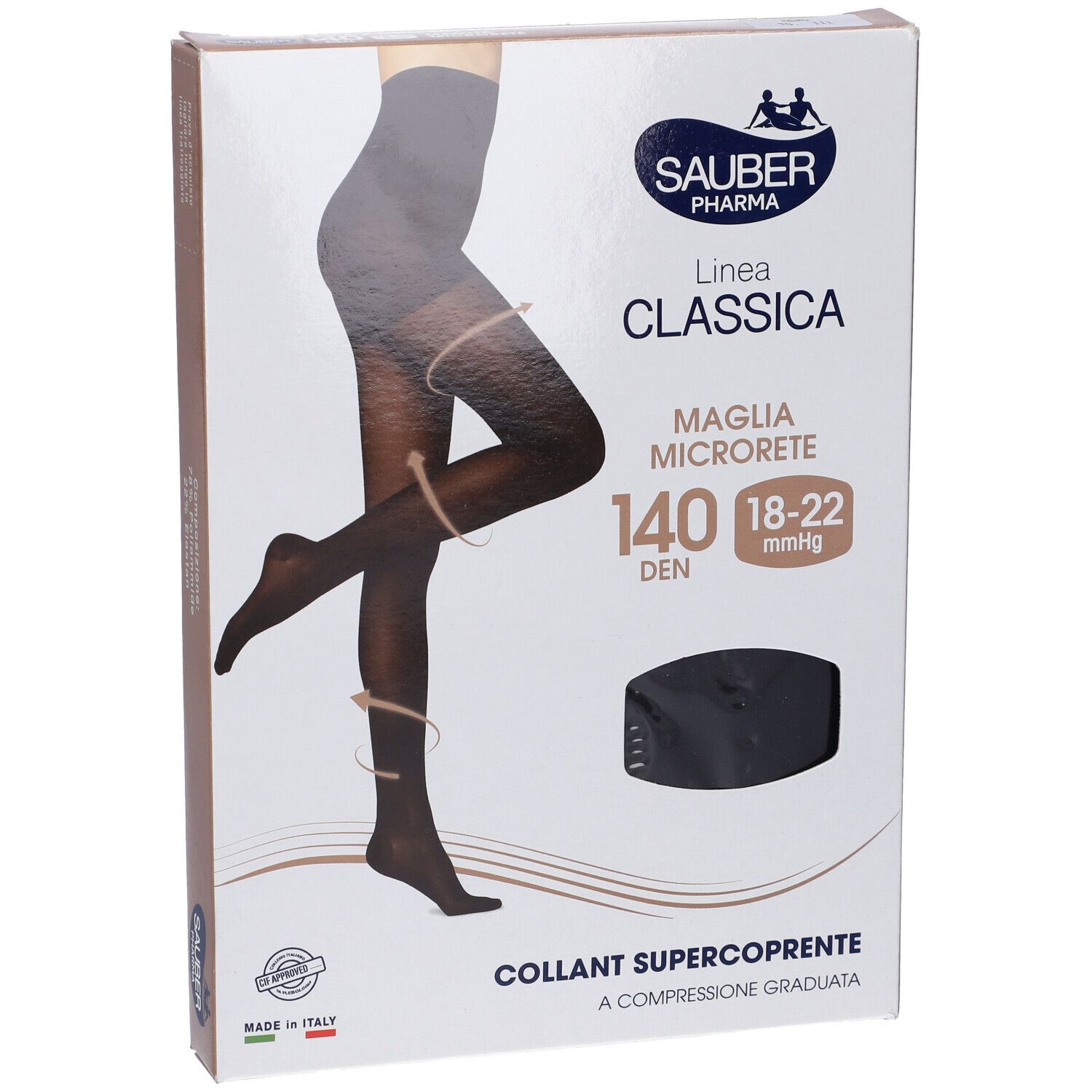 Collant nero in confezione. Marchio Sauber Pharma, Linea Classica, Maglia Microrete, 140 DEN, 18-22 mmHg. Super coprente.