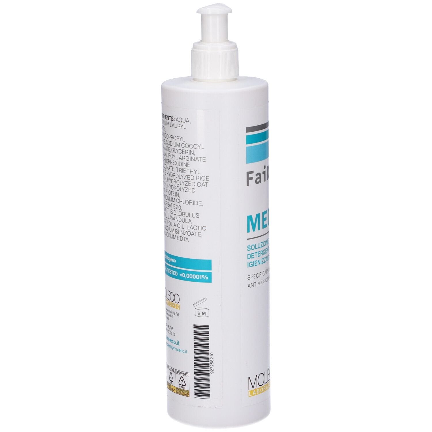 Flacone bianco con dosatore. Scritta: Faiderm MED, Ingredienti. Logo Moleco. Codice a barre e informazioni.