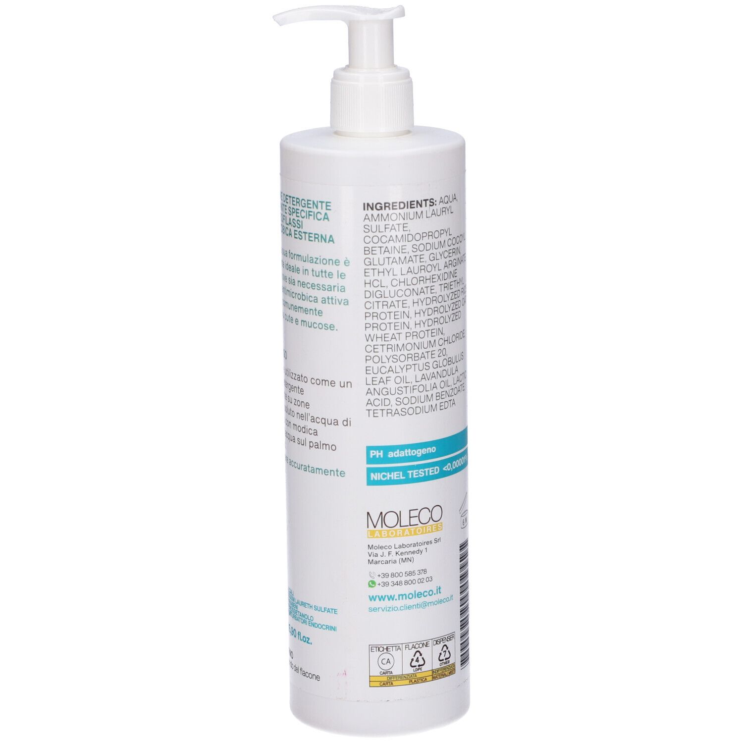 Flacone bianco con dosatore. Scritta: Faiderm MED, Ingredienti. Logo Moleco. Informazioni e loghi.