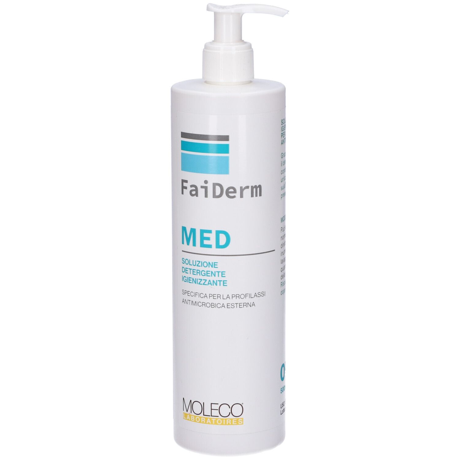 Flacone bianco con dosatore. Scritta: Faiderm MED, Soluzione, Detergente Igienizzante. Logo Moleco. 0% e volume.