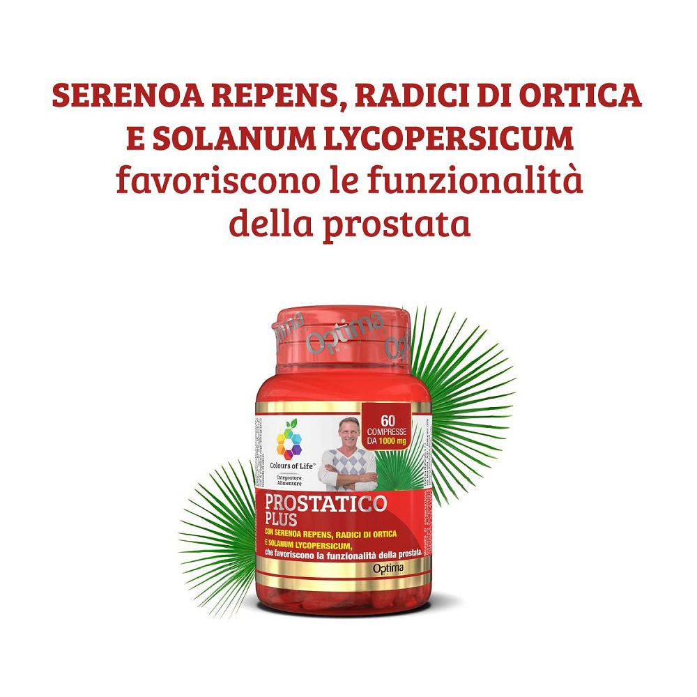 Barattolo rosso di pillole 'Prostatico PLUS' con fogliame e testo sugli ingredienti per la prostata.