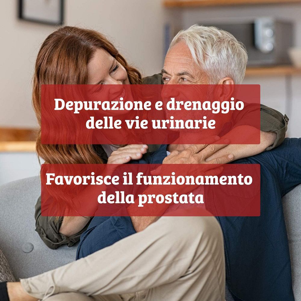 Una coppia si abbraccia, con riquadri di testo rossi sulle vie urinarie e sulla funzione prostatica.