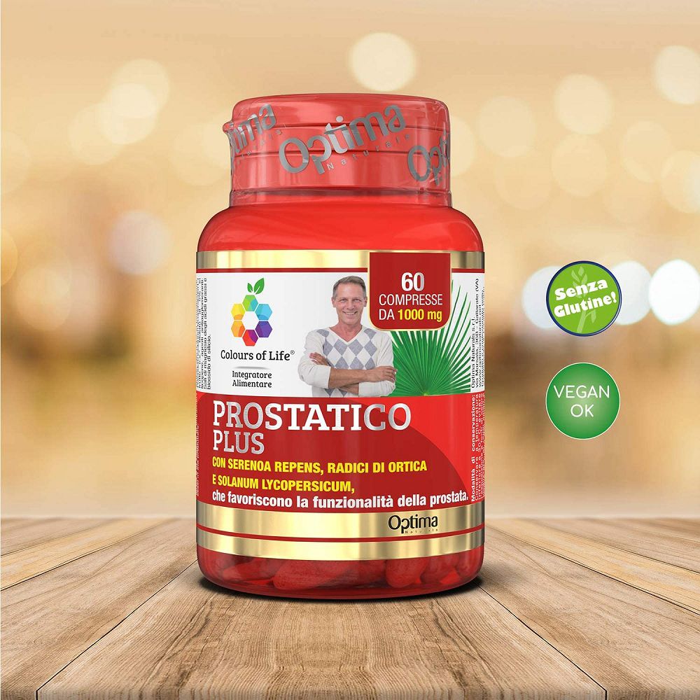 Barattolo rosso di pillole 'Prostatico PLUS' con sigilli 'Senza Glutine' e 'Vegan OK'.