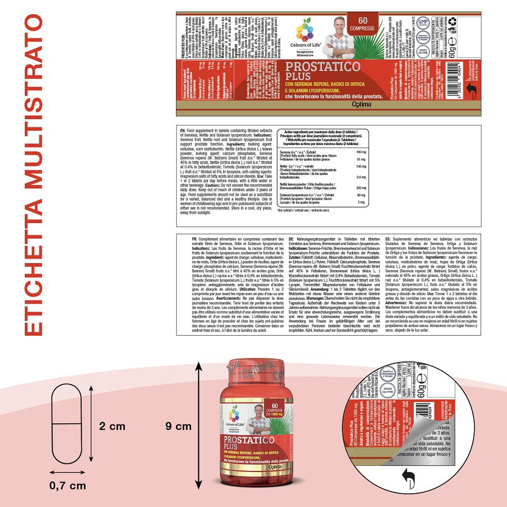 Barattolo rosso di pillole 'Prostatico PLUS', etichette e una singola compressa con dimensioni.