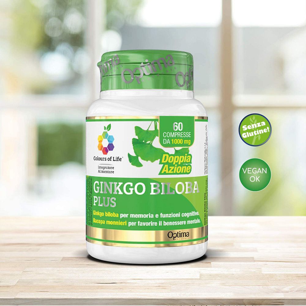 Flacone Ginkgo Biloba PLUS, 60 compresse, 1000 mg, "Senza Glutine" e "Vegan OK".