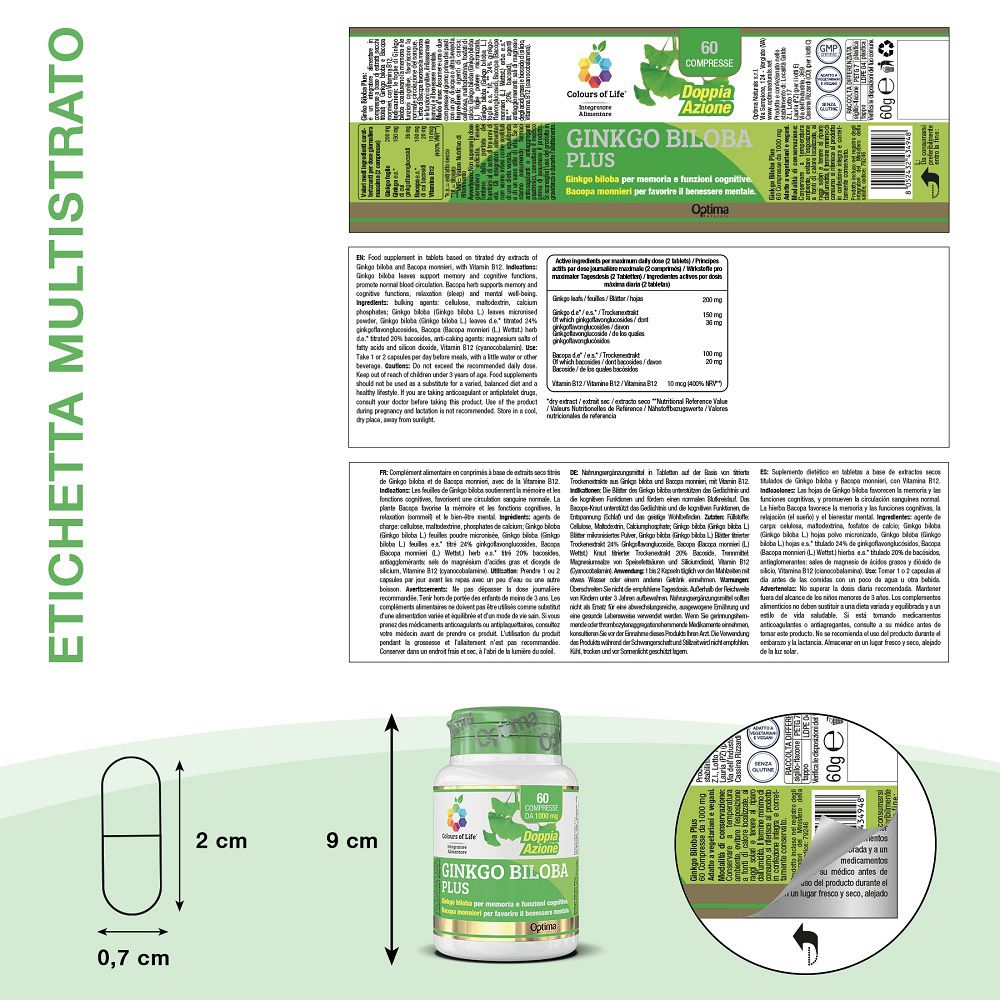 Flacone Ginkgo Biloba PLUS con etichetta, dimensione capsula 2 cm, altezza flacone 9 cm.