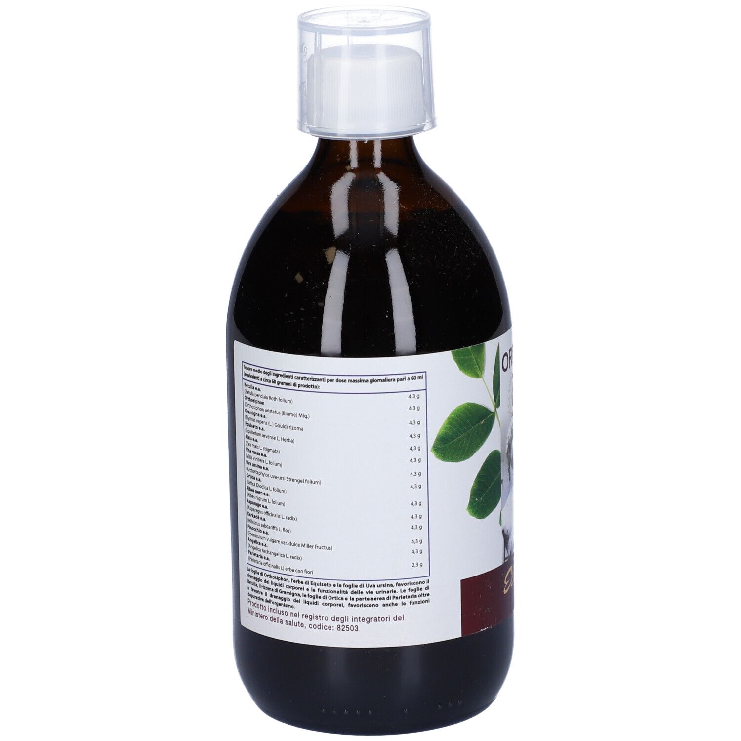 Bottiglia marrone con tappo bianco. L'etichetta elenca gli ingredienti e le informazioni sul prodotto.