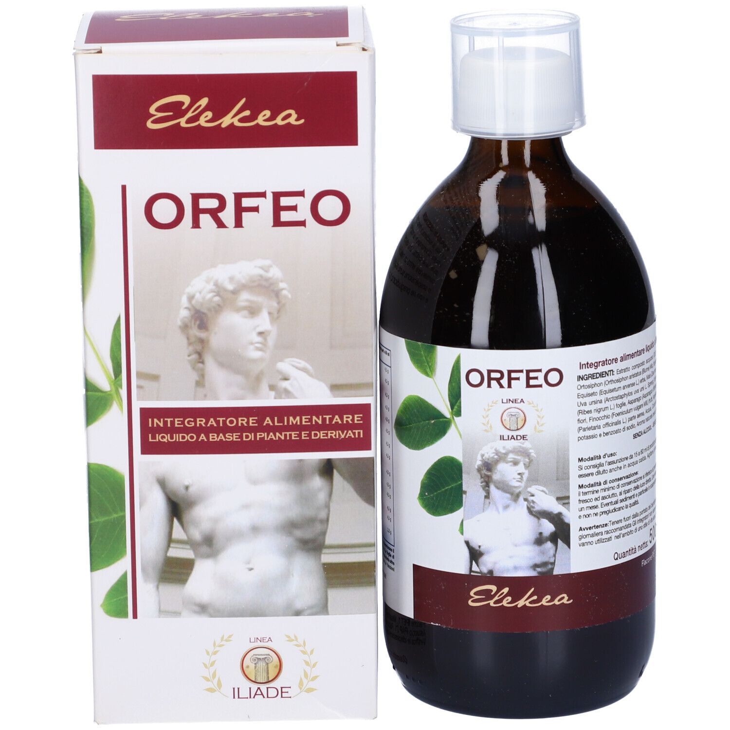 Bottiglia marrone con tappo bianco. L'etichetta riporta "ORFEA" e informazioni sul prodotto. Il logo Elekea è visibile.