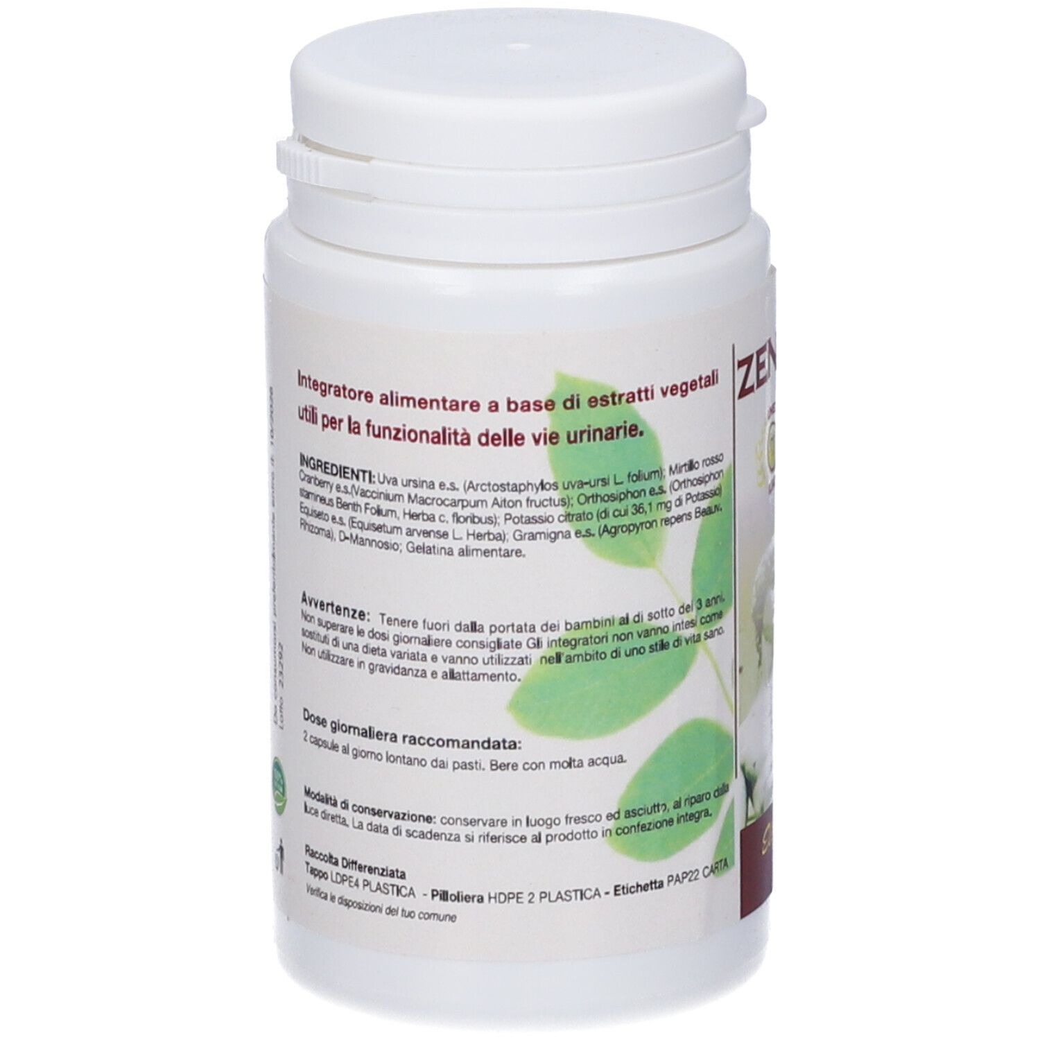 Retro del flacone bianco. Testo sugli ingredienti e l'uso. Illustrazione di foglie.