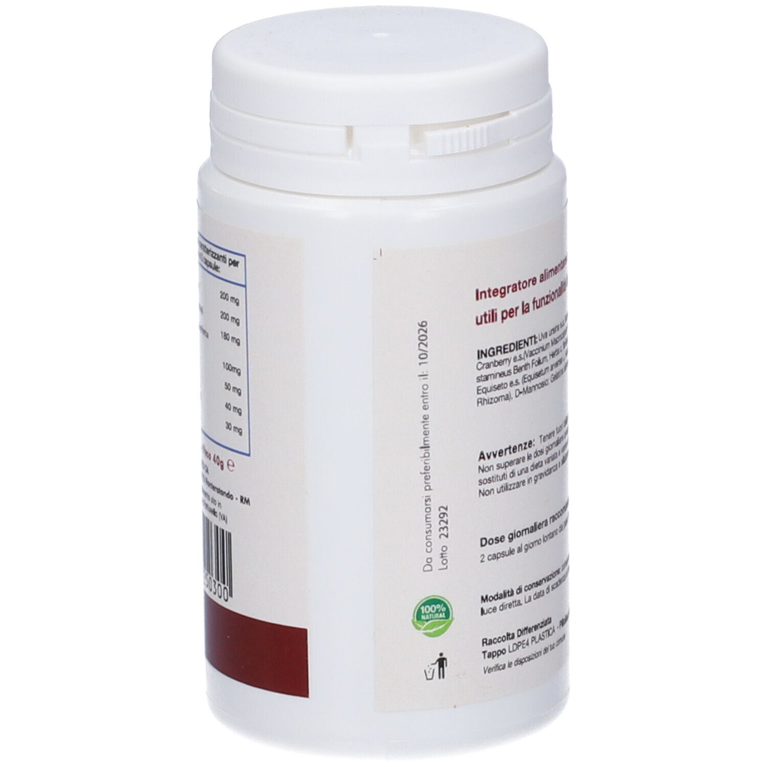 Retro del flacone bianco. Testo e codice a barre. Scritta 'De consumarsi preferibilmente entro'.