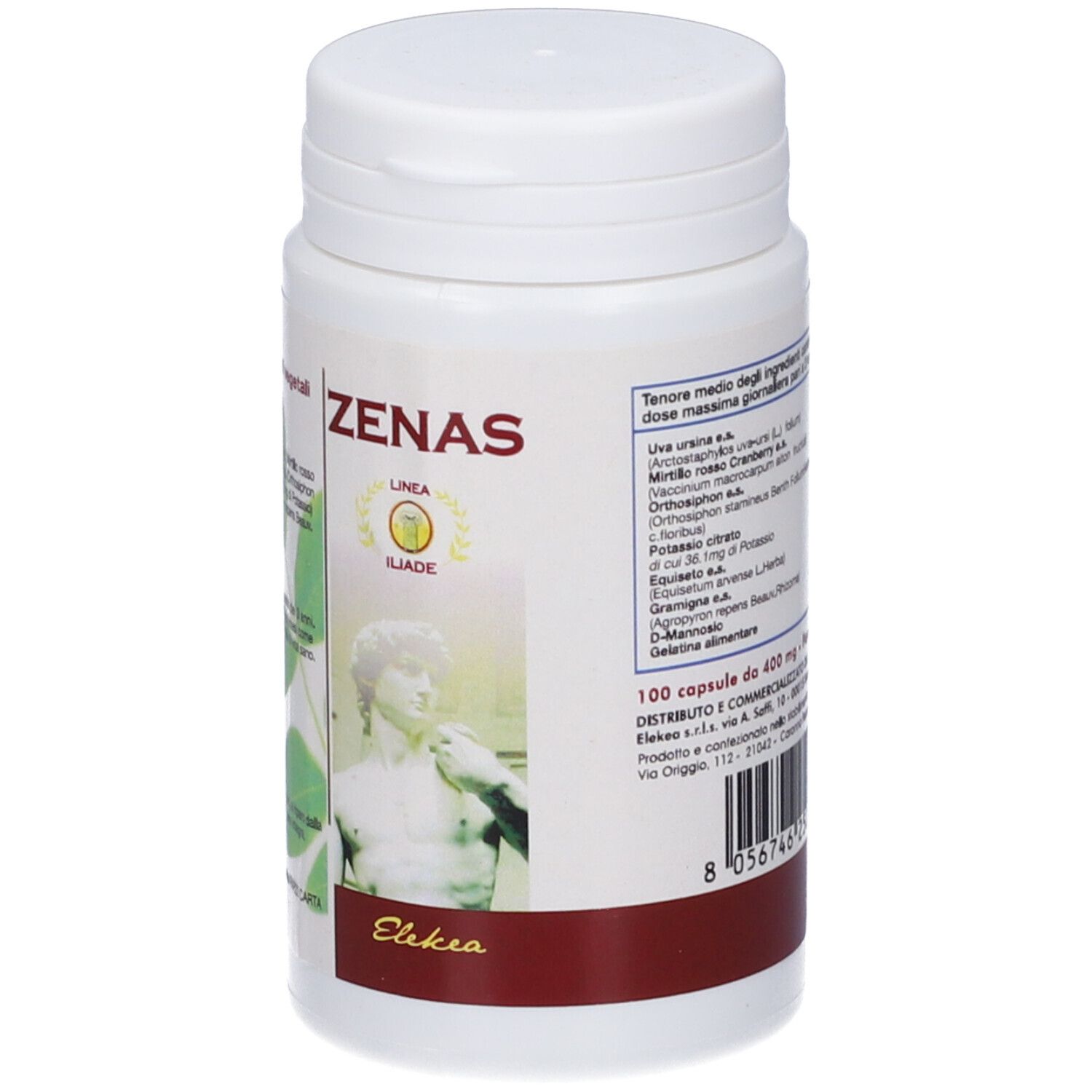 Flacone bianco con capsule. Scritta Zenas, logo e testo. Striscia rossa in basso. Logo Elekea.