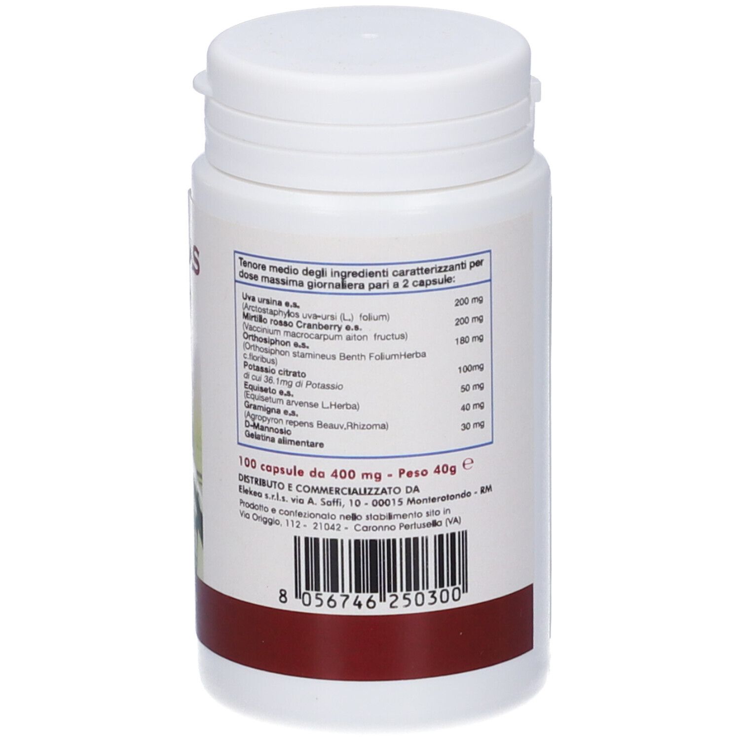 Retro del flacone bianco. Testo e codice a barre. Scritta '100 capsule'.