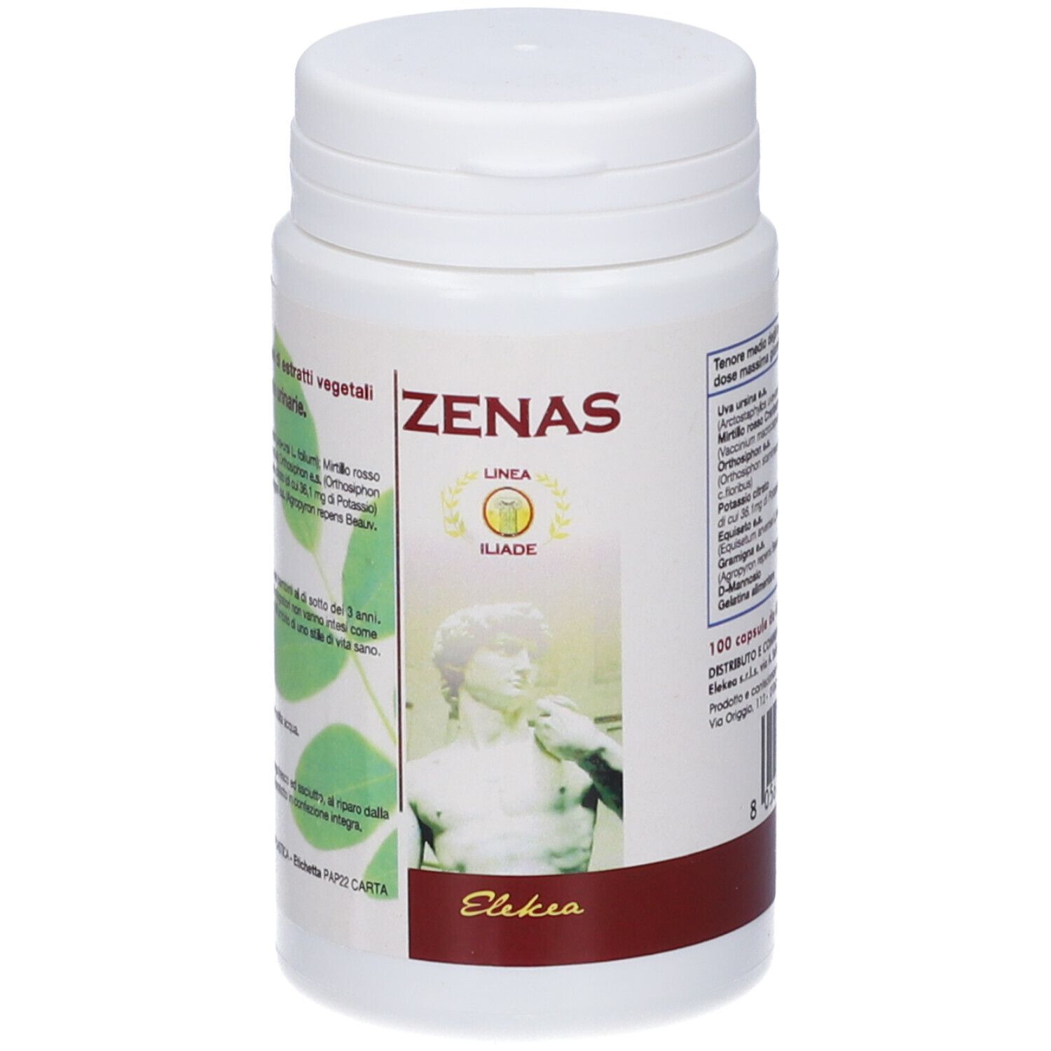 Flacone bianco con capsule. Scritta Zenas, logo e testo. Striscia rossa in basso. Logo Elekea.