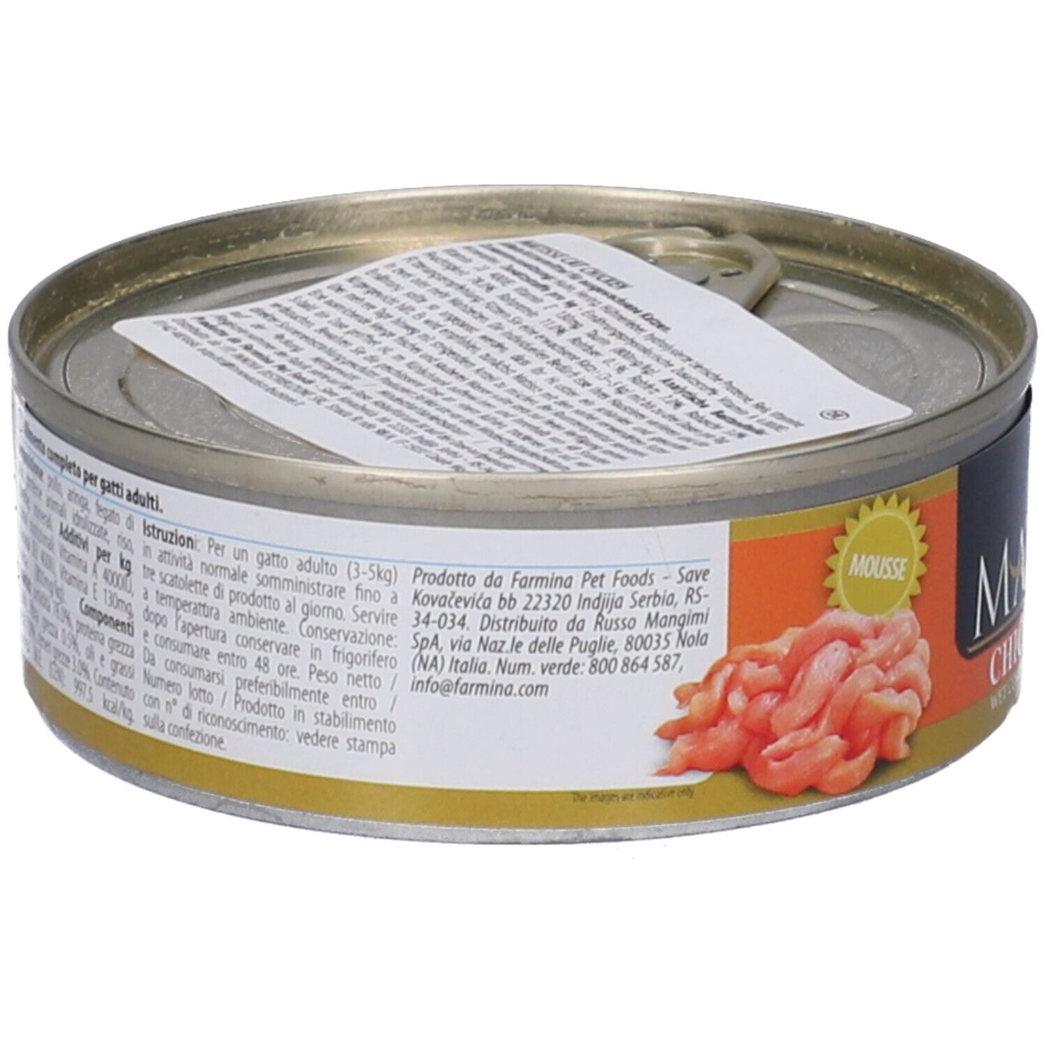 Lattina di Farmina Matisse Chicken Mousse per gatti. Scritta: Matisse, Chicken Mousse. Aperta, con consistenza mousse. Etichetta con testo.