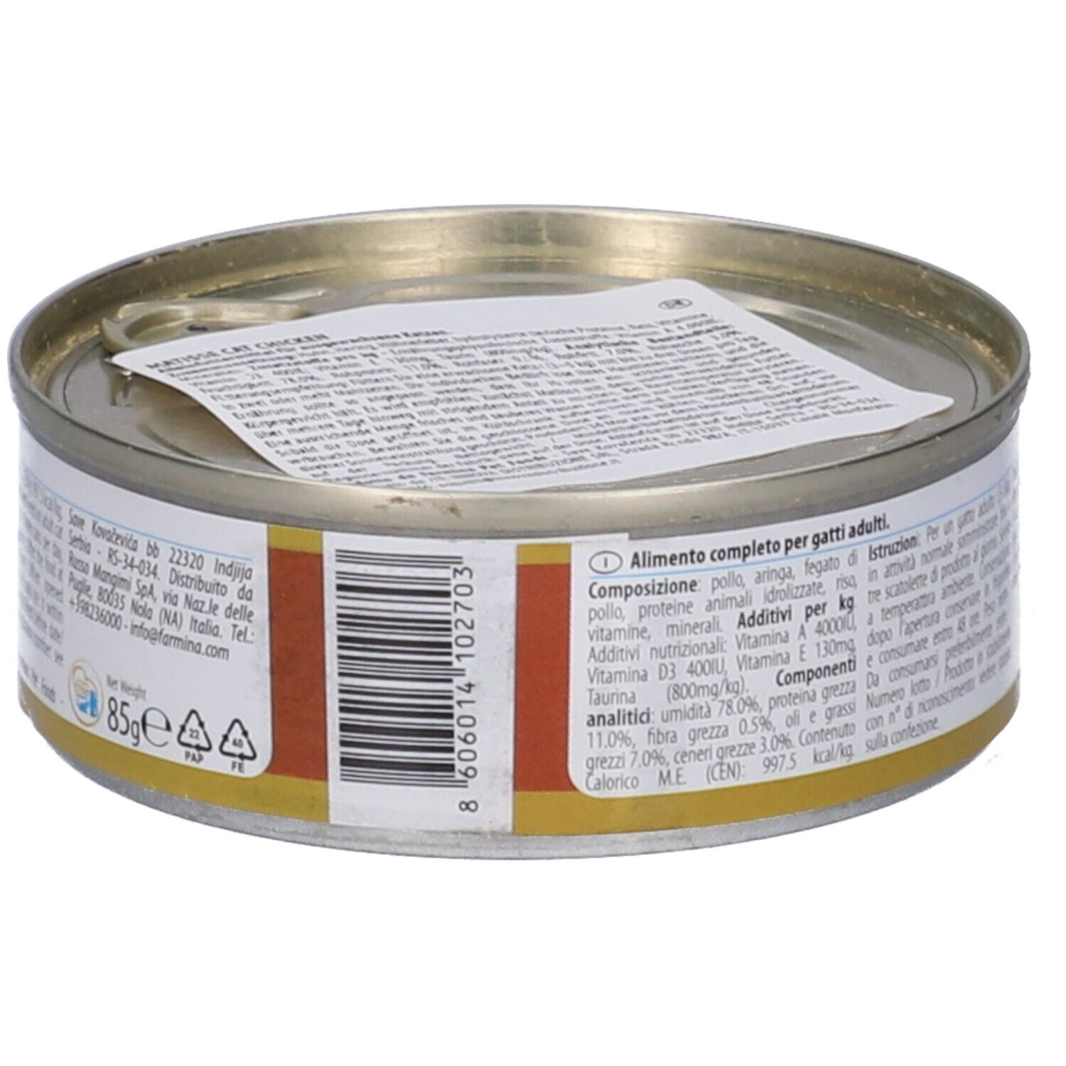 Lattina Farmina Matisse Chicken Mousse per gatti. Retro con testo e codice a barre. 85g. Alimento completo per gatti adulti.