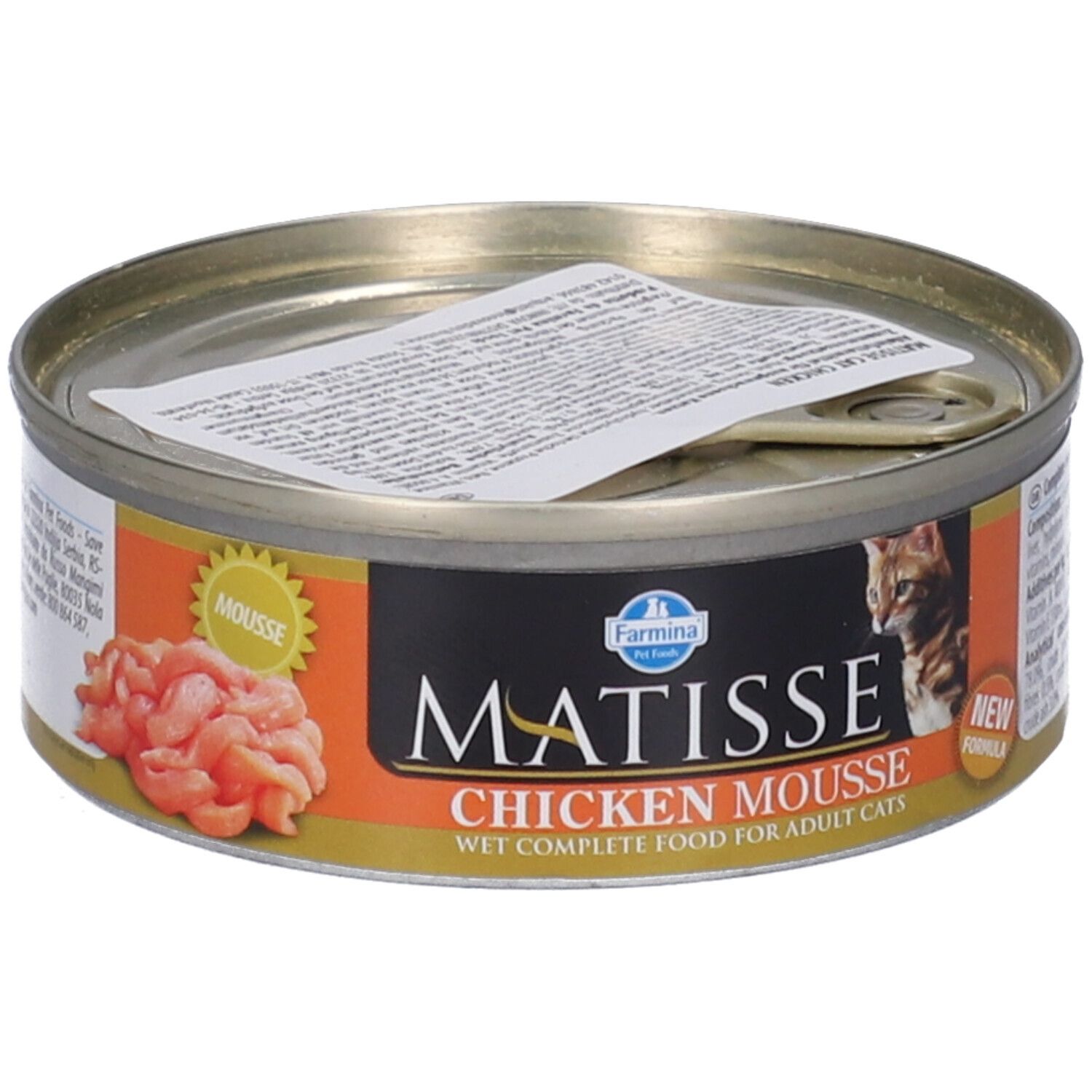 Lattina rotonda Farmina Matisse Chicken Mousse per gatti. Scritta: Matisse, Chicken Mousse, alimento umido completo per gatti adulti. Mousse visibile.
